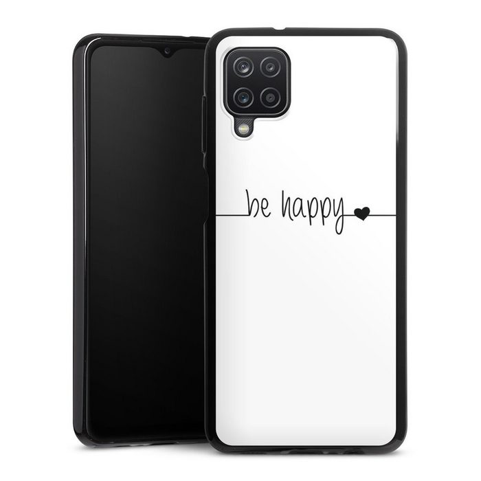 DeinDesign Handyhülle Statement Sprüche Glück Be Happy weisser Hintergrund Samsung Galaxy A12 Silikon Hülle Bumper Case Handy Schutzhülle