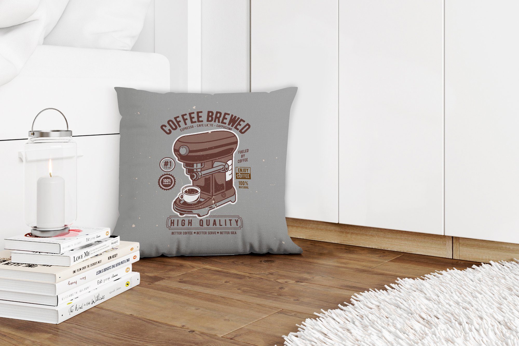 Retro Sofakissen Tasse Deko, für Zierkissen - Kaffeemaschine mit Wohzimmer, - - Füllung Dekokissen Schlafzimmer, Zeichnung, MuchoWow