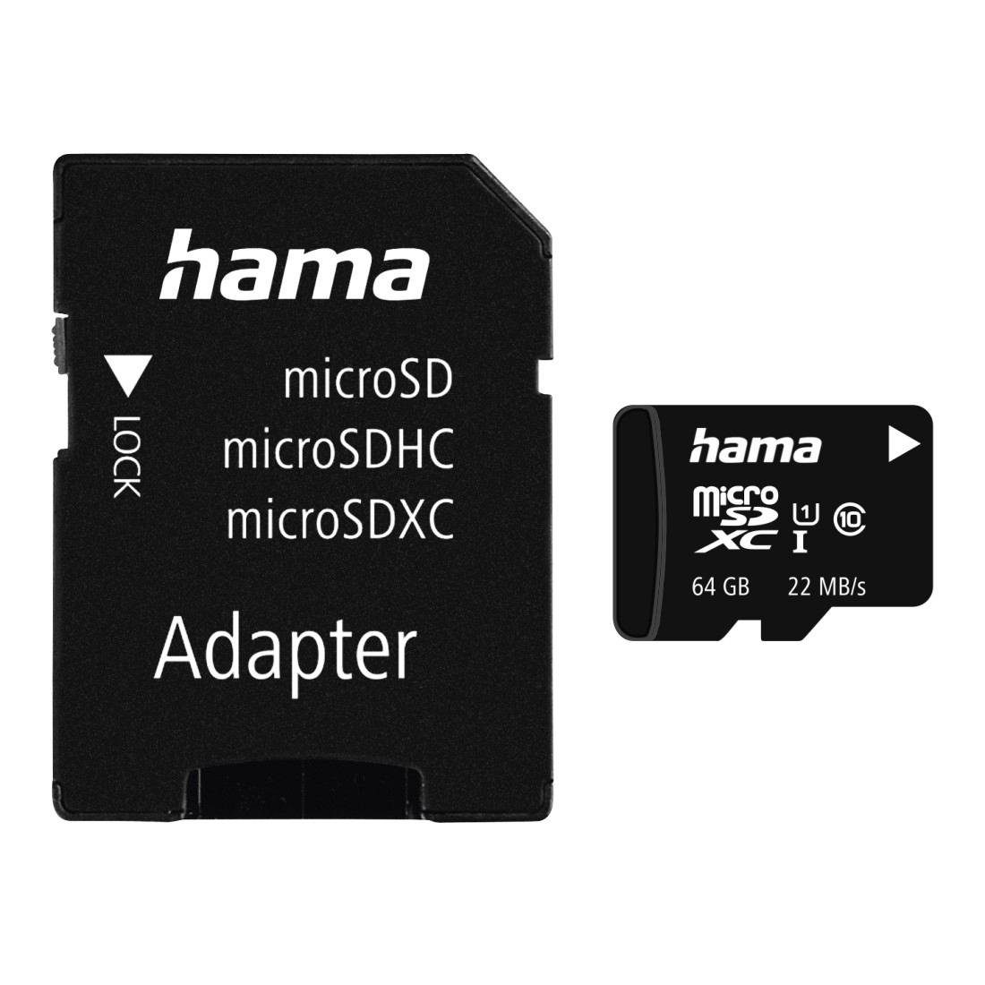 Hama microSDXC 64GB Class 10 UHS-I 22MB/s+ Adapter/Foto Speicherkarte (64 GB, UHS-I Class 10, 22 MB/s Lesegeschwindigkeit)