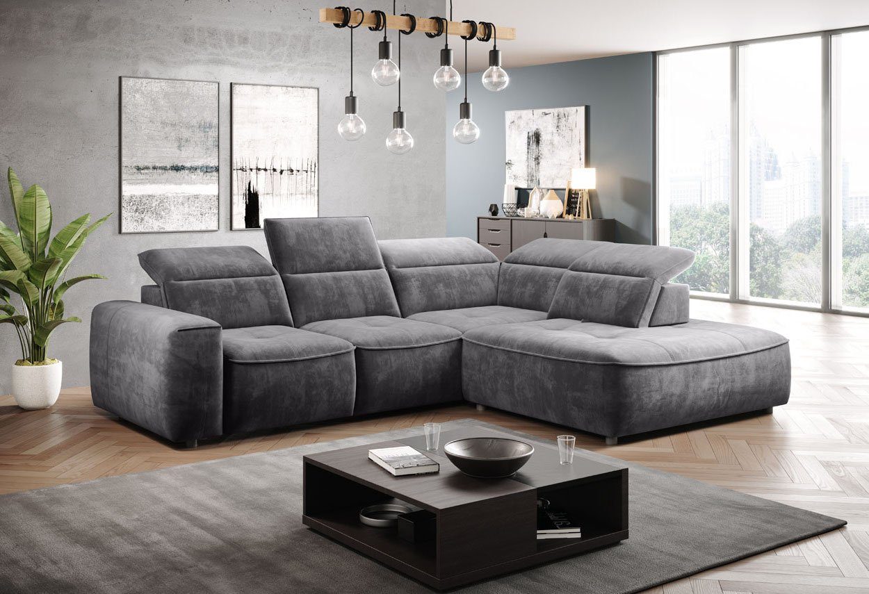 WOHNKLUSIV Ecksofa Bettkasten, Sitztiefenverstellung, elektrische Kopfstützen Grau 16 Ecksofa verstellbare elektrische Sitztiefenverstellung, FERRARA, Design Palladium