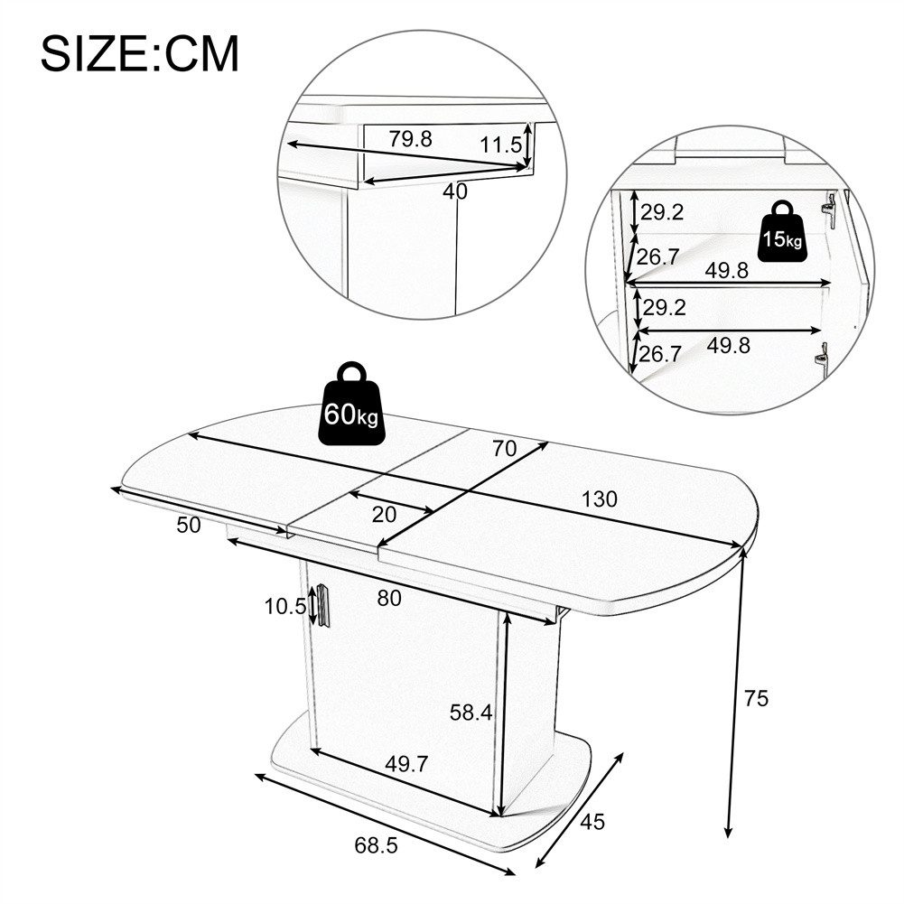 Sweiko Esstisch Ausziehbarer ovaler Esstisch mit Stauraum, (Kaffee-Freizeittisch, moderner minimalistischer Esstisch, 2 Staufächer und 1 Aufbewahrungsschränke), – Bild 5 von 5