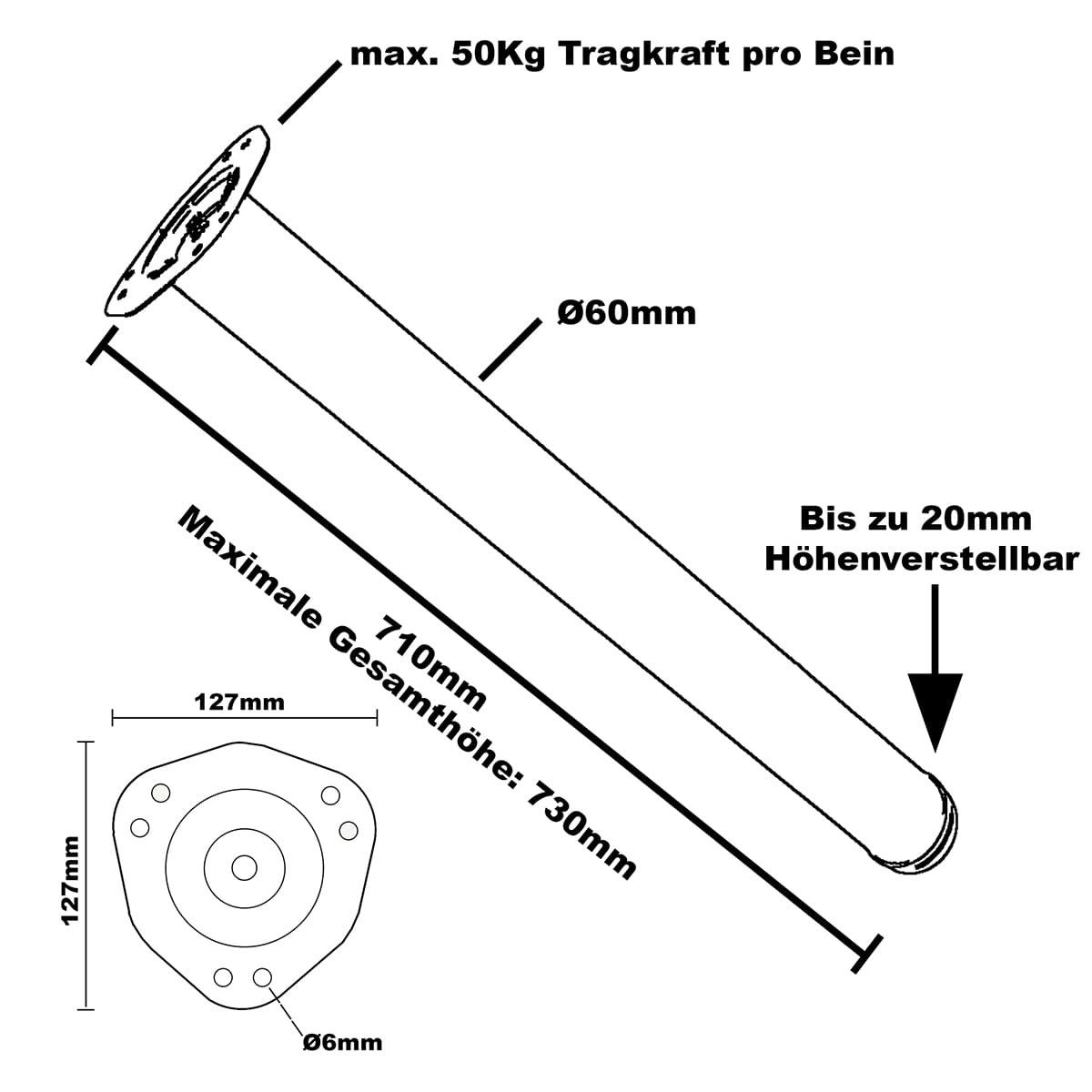 MS Beschläge Tischbein 4er Set Tischfüße Edelstahl-Optik 710mm Höhe Ø60mm, DIY Tischstützen Tischstempel höhenverstellbar