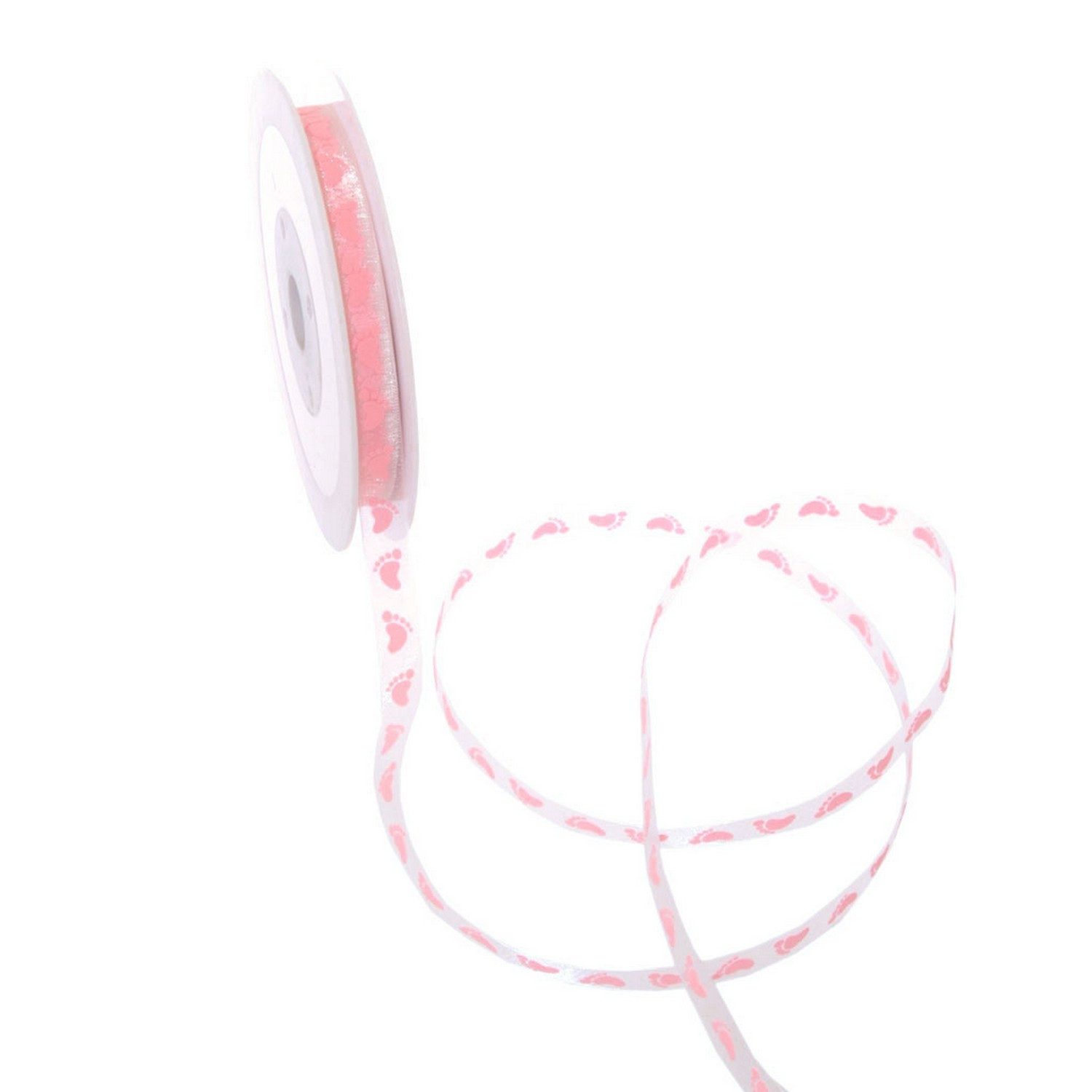 Deko AS Dekoband Organzaband - Baby-Feet - weiß-rosa - 10mm - 20m - 97218 31-R, Motiv Baby-Feet