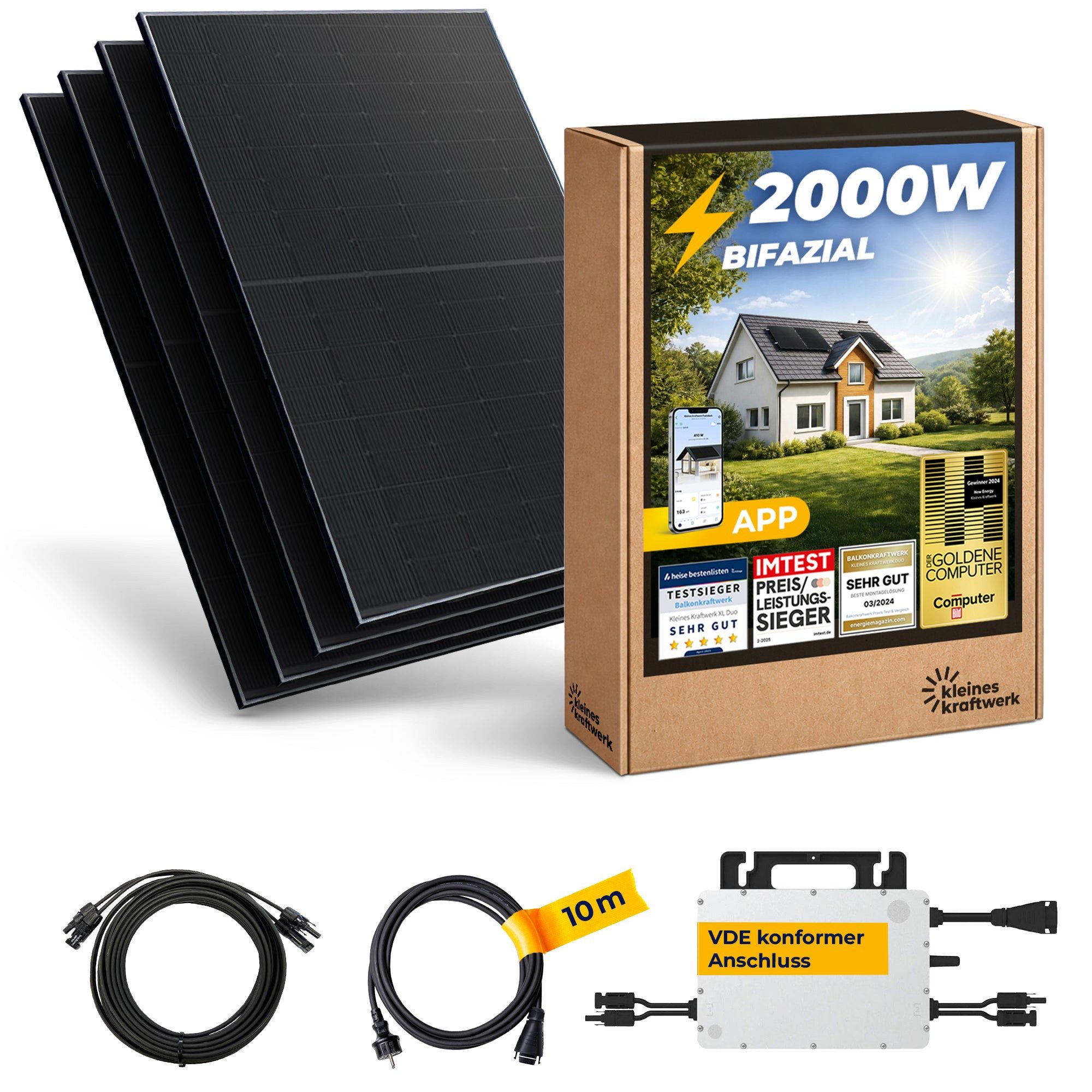 Kleines Kraftwerk Balkonkraftwerk, 2000 W, Monokristallin, (Ziegeldach), 4 x 500W, Wechselrichter, Stromanschlusskabel, Solarverlängerungskabel