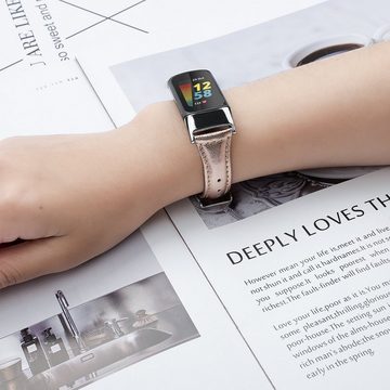 Wigento Smartwatch-Armband Für Fitbit Charge 6 / 5 Leder Watch Armband Frauen Größe S Rose Gold