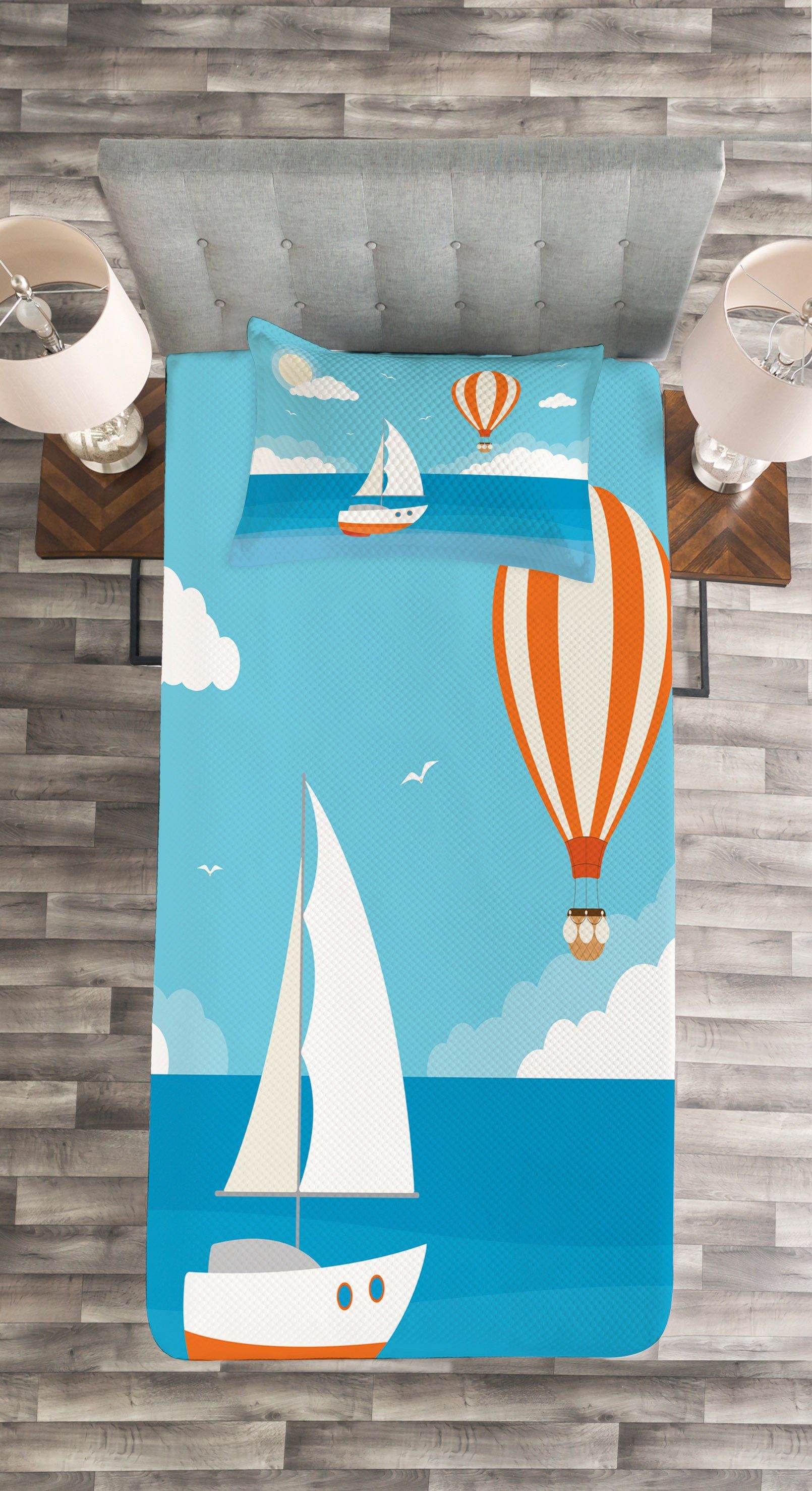 Waschbar, mit Meer Tagesdecke Heißluftballon Abakuhaus, Boot Urlaub Kissenbezügen Set