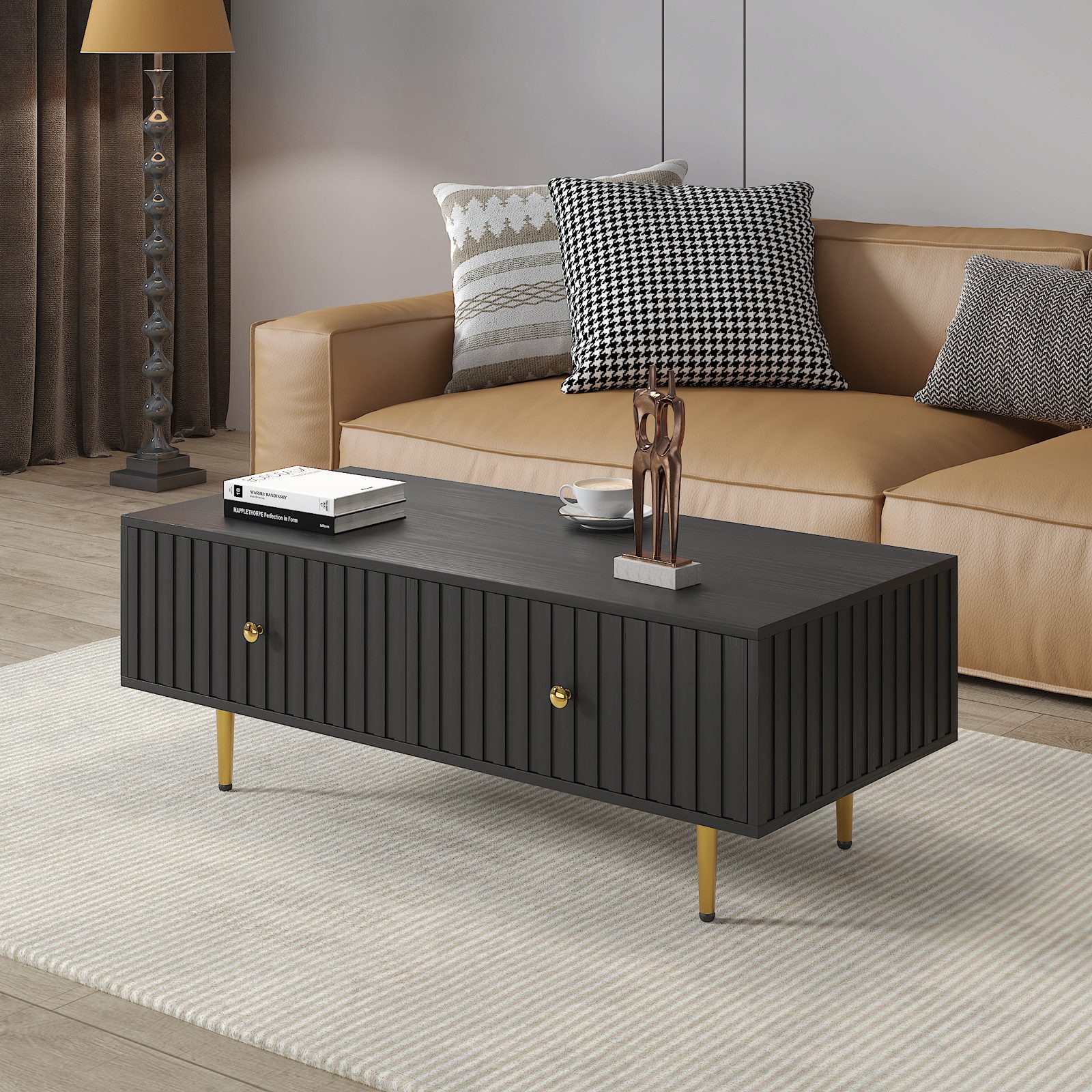 radelldar Couchtisch mit 2 Schubladen und Metallfüßen, 110 x 50 x 40cm (1-St), Wohnzimmertisch, Kaffeetisch, Sofatisch