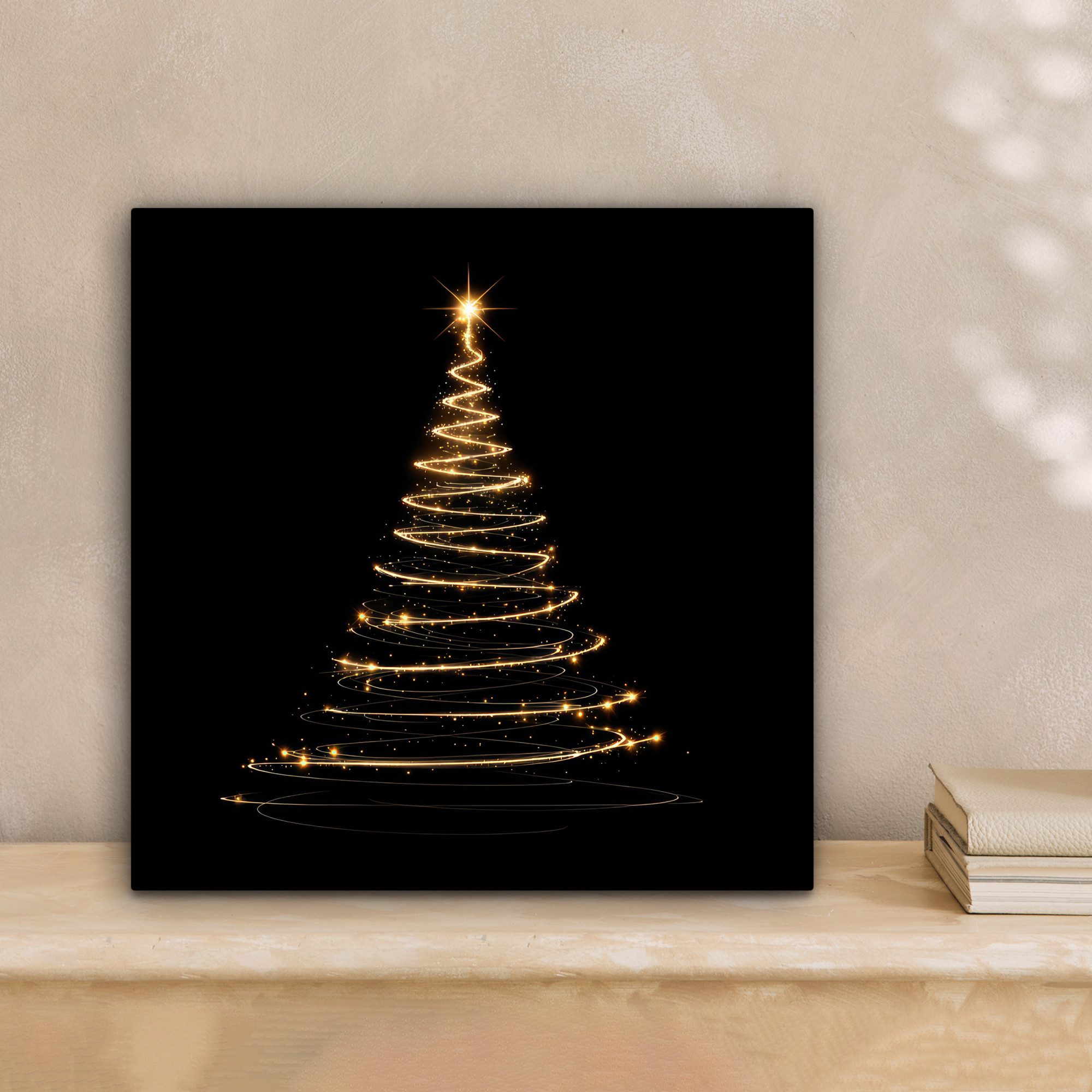 OneMillionCanvasses® Leinwandbild Magie - Weihnachtsbaum - Lichtspiralen - Schwarz, Fotodruck (1 St), Wandbild, Deko Schlafzimmer Wohnzimmer Flur 20x20 cm