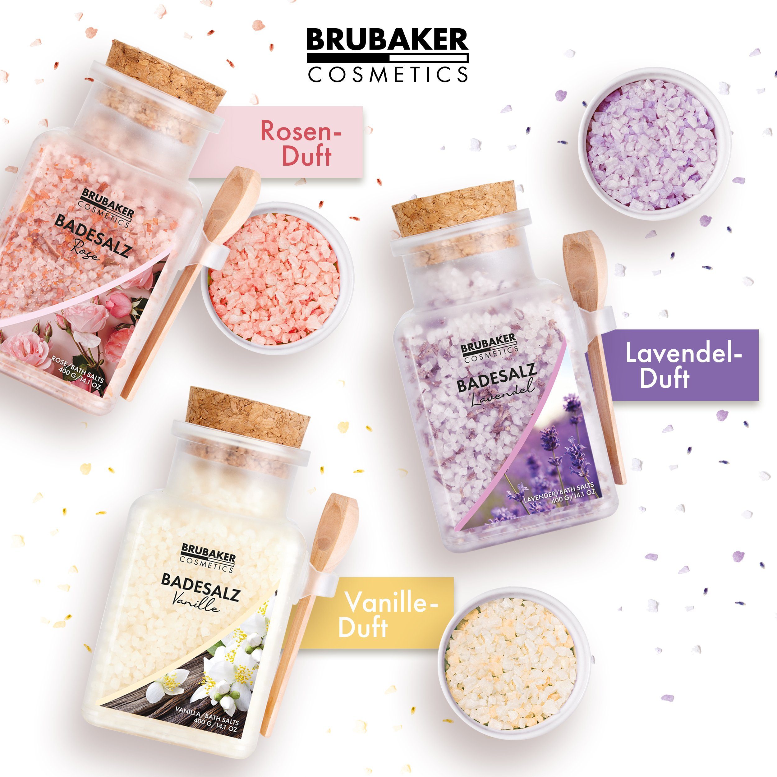 Extrakten, und Rose Wellness Badesalz Duft, & Baden für Körperpflege Vanille Set Erholung 3-tlg., BRUBAKER Entspannung, natürlichen mit Badezusatz Lavendel