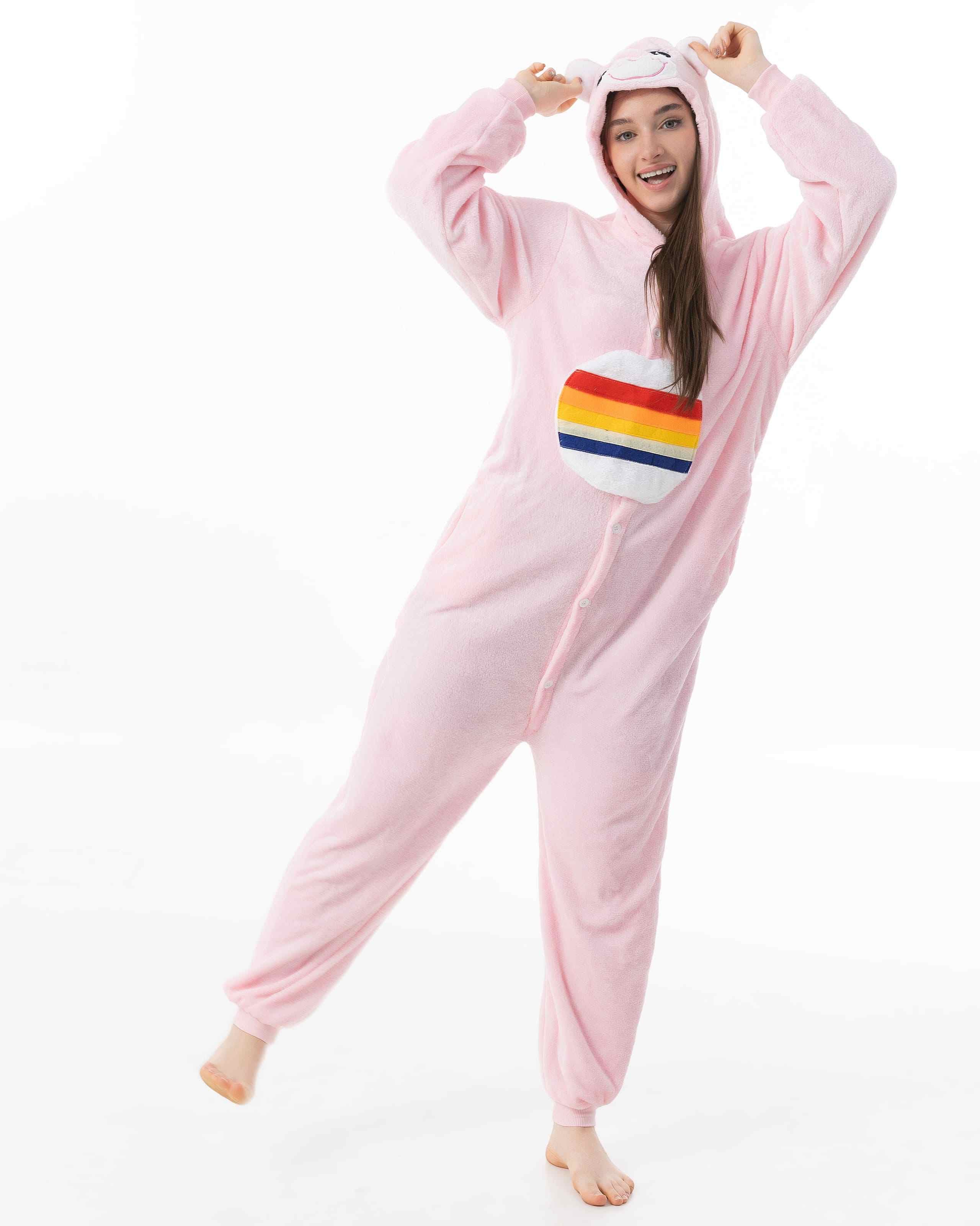 Katara Partyanzug Glücksbärchis Jumpsuit Onesie für Erwachsene S-XL, Karneval, Kigurumi - Glücksbärchi Regenbogen Bärchi rosa XL(175-185cm)