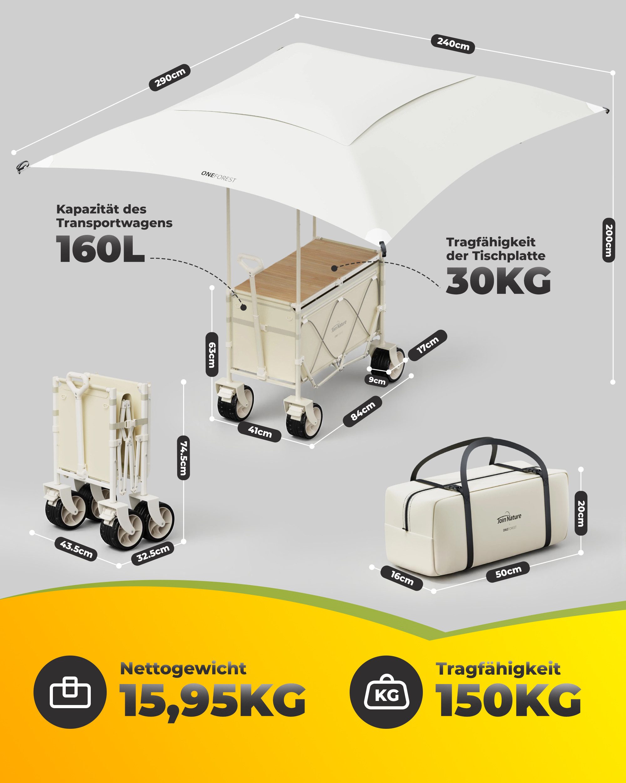 HOMECALL Bollerwagen 3-in-1 Bollerwagen Faltbar mit Tischplatte & Sonnendach für Sand-160L (bis 150kg UV50+ wasserdicht All-Terrain Räder, Großes Fassungsvermögen, mit Rädern), Geeignet für Camping, Sport, Strand, Garten und Picknicks