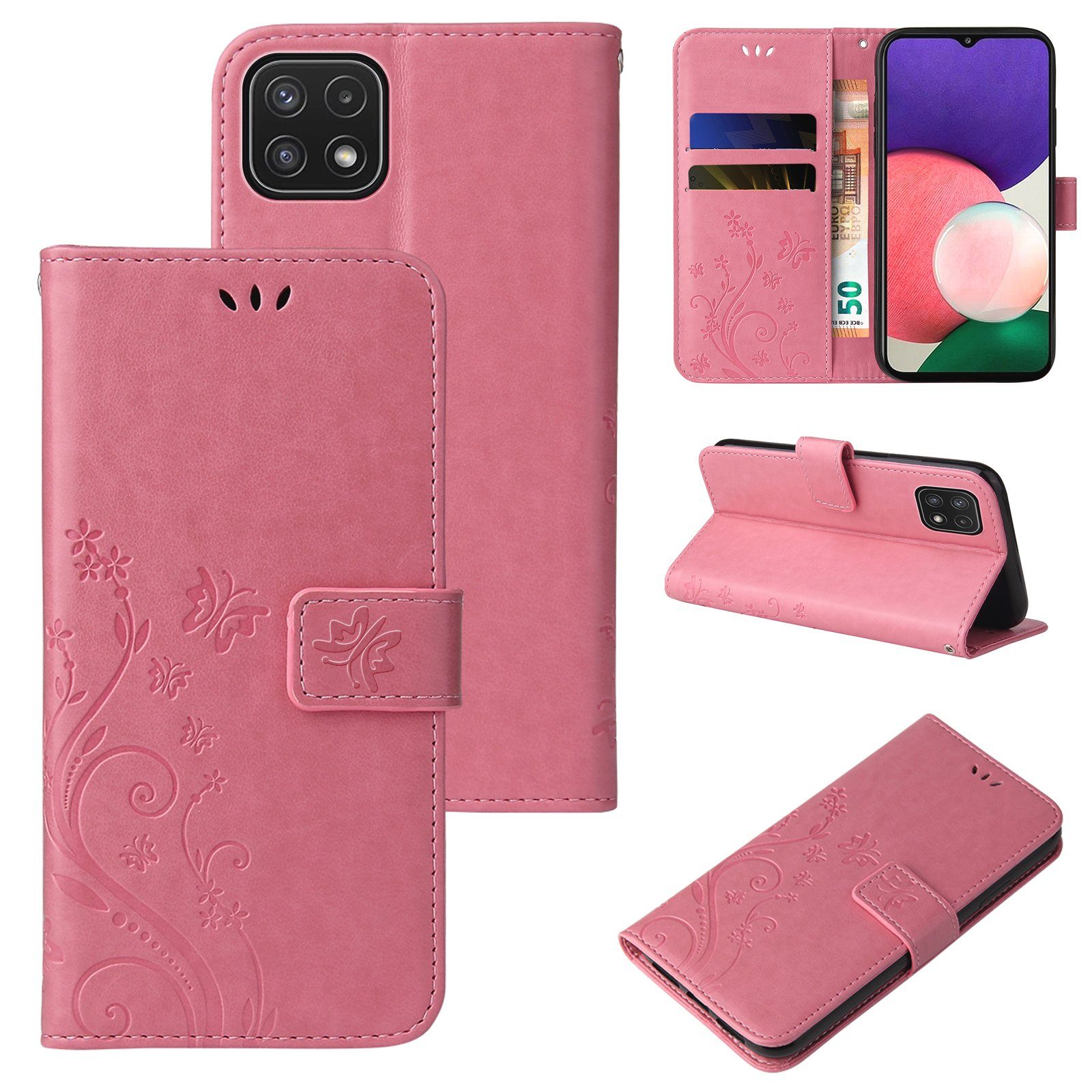 Tec-Expert Handyhülle Cover Tasche Hülle für Samsung Galaxy A22 5G 6,6 Zoll, Klapphülle Case mit Kartenfach Fliphülle aufstellbar, Motiv Blumen