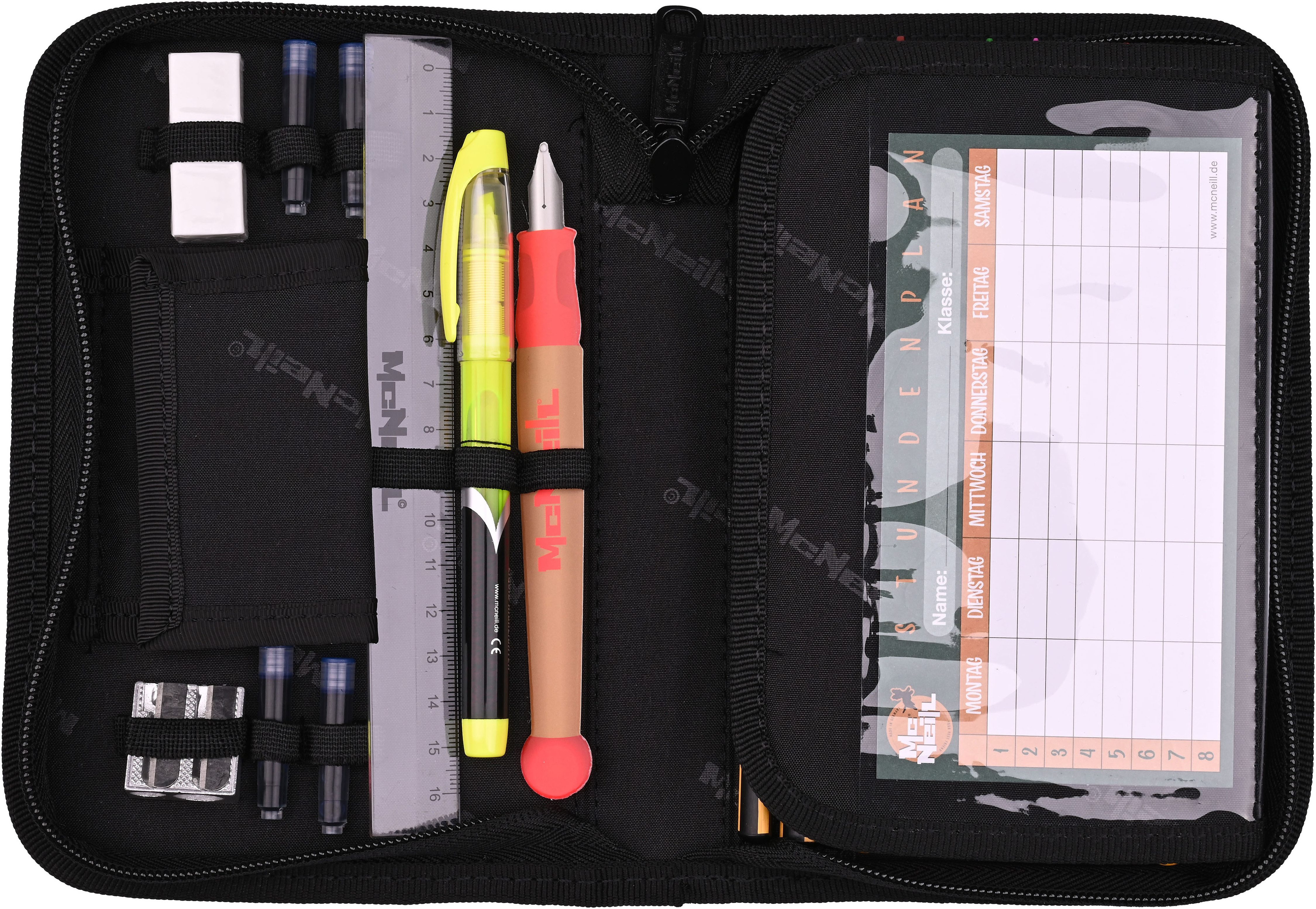 McNeill Schulranzen Primo, inkl. Etui, Turnbeutel, (Set, 9-tlg., Schlamperrolle, Trinkflasche, Lunchbox, 2 Magnete & 1 Anhänger)