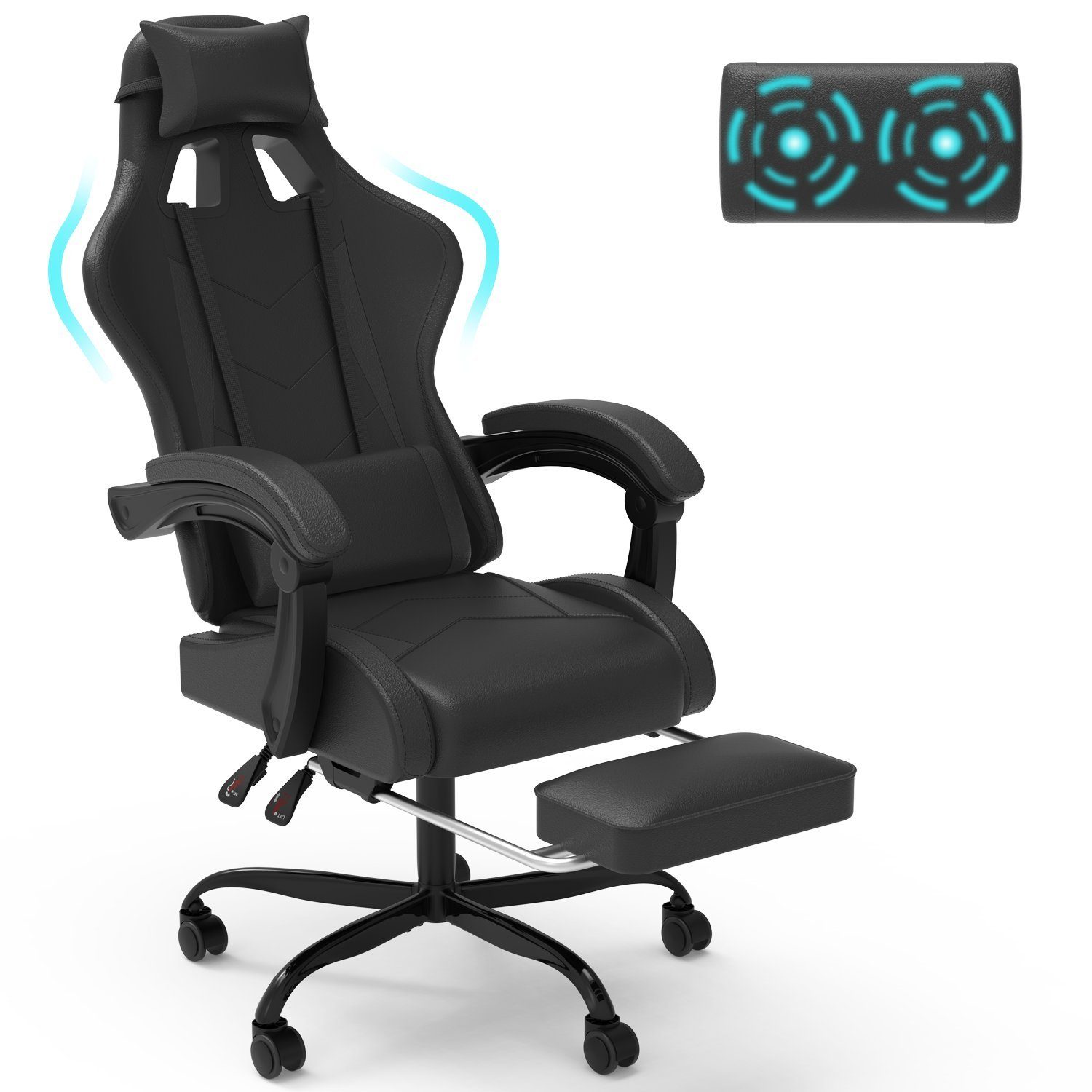 GUNJI Gaming Chair Massage Gaming Stuhl mit Fußstütze, 90-135° Rückenlehne einstellbar Schwarz