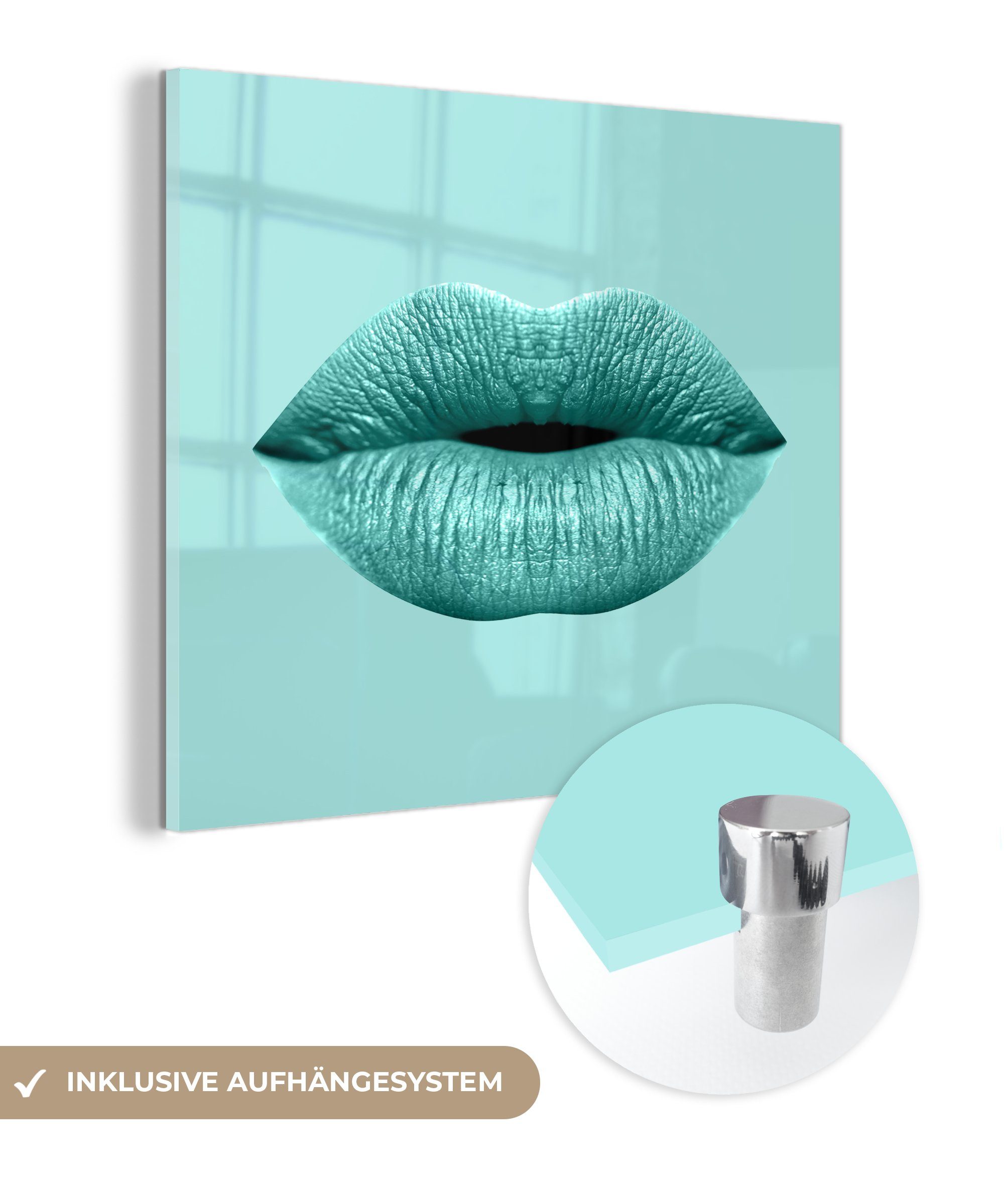 MuchoWow Acrylglasbild Lippen - Pastell - Blau, (1 St), Glasbilder - Bilder auf Glas Wandbild - Foto auf Glas - Wanddekoration bunt