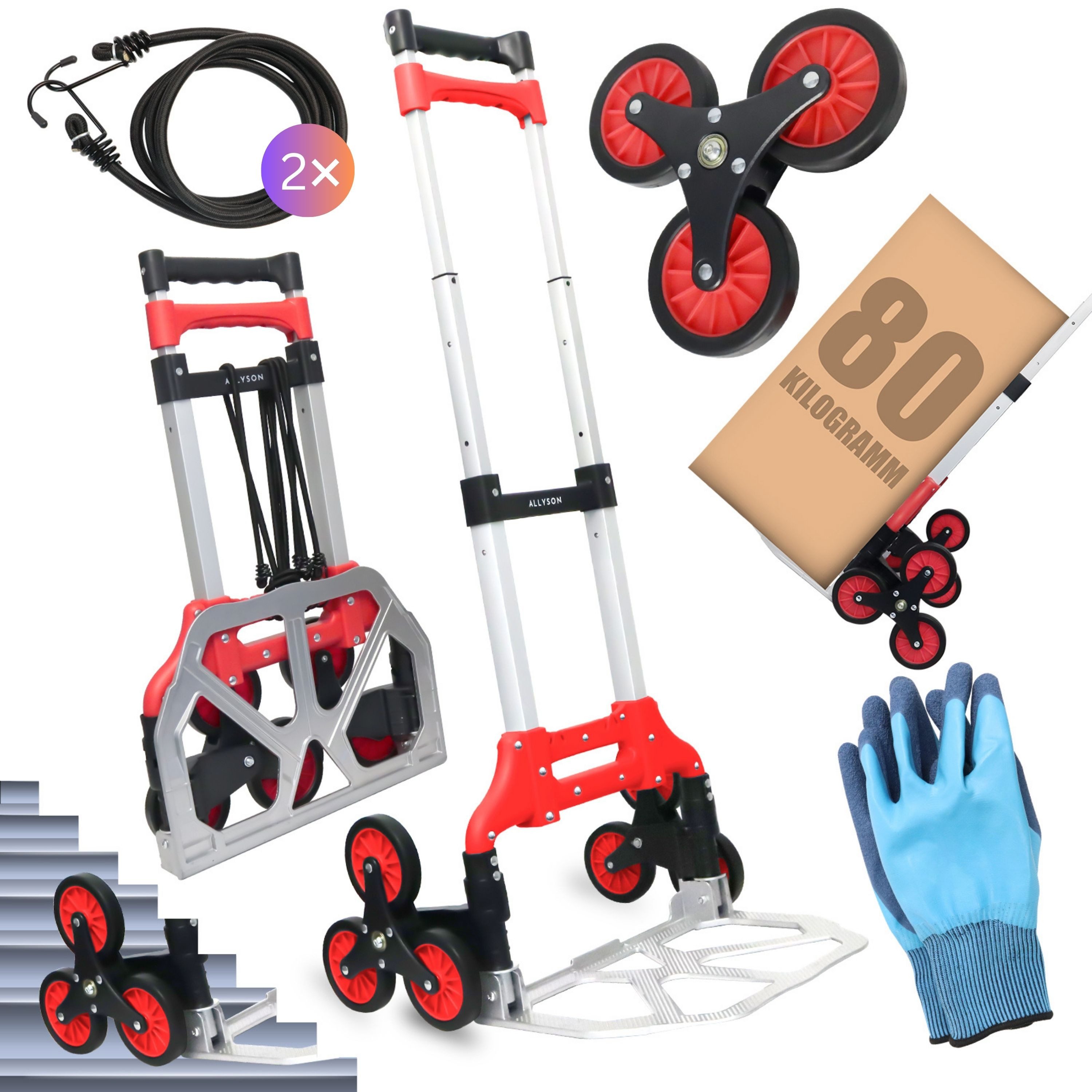 Allyson Treppensackkarre Sackkarre Treppensteiger, Transportwagen Sackkarre klappbar, (2x Elastische Spanngurte, 1 Paar Arbeitshandschuhe), Treppenkarre: 80kg Tragkraft, faltbar, inkl. Spanngurten & Handschuhen