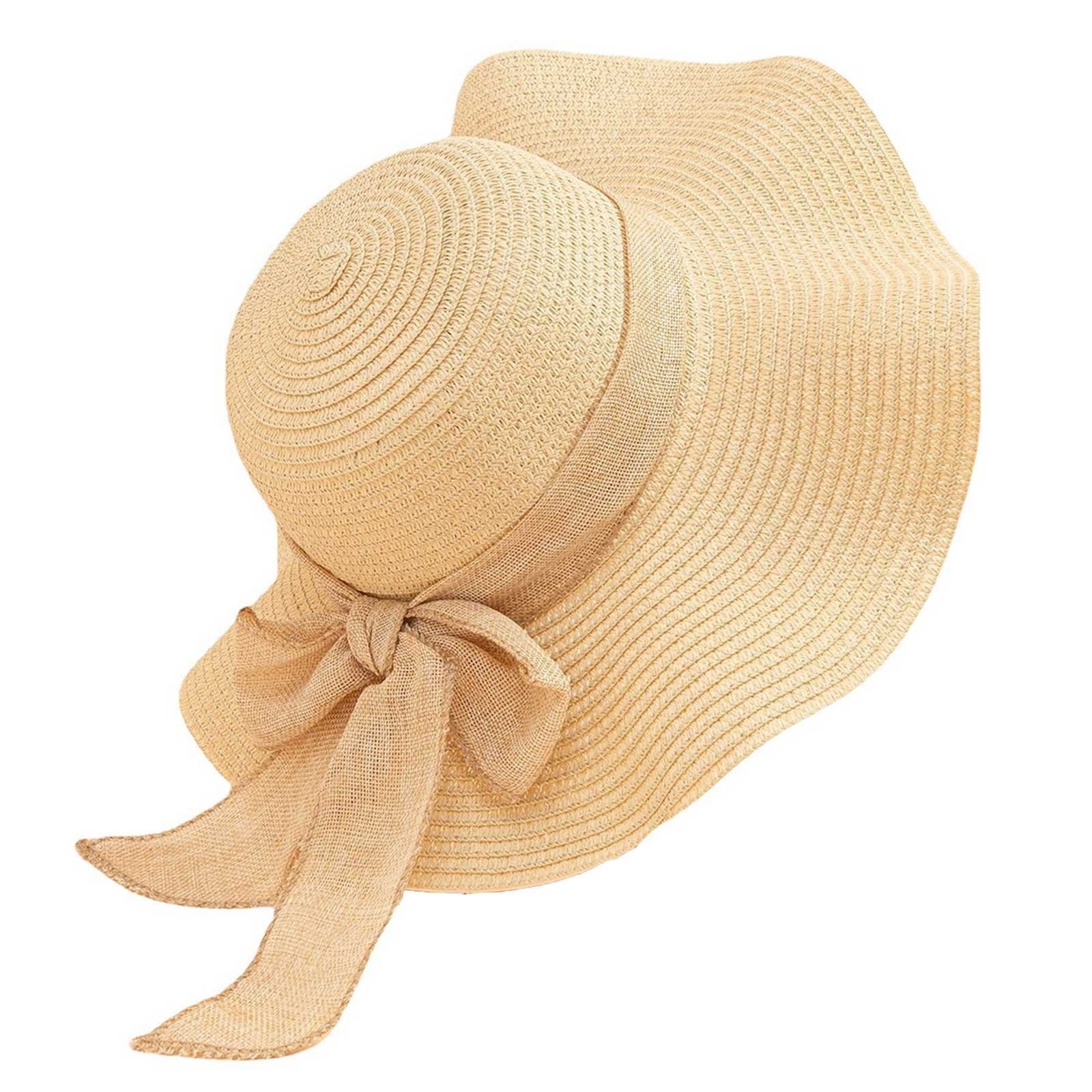 Vivi Idee Strohhut Sonnenhut Sommerhut Strandhut Straw hat, Damen faltbar, Einheitgröße wellenförmiger Rand Beige