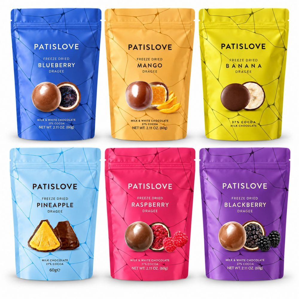 PATISLOVE Schokolade Probierset Dragees, 6 Sorten gefriergetrocknete Früchte, 380 g, (Geschenkset, Heidelbeere, Mango, Himbeere, Brombeere, Ananas, Banane), Schweizer Schokolade, echte Frucht, ohne künstliche Farbstoffe