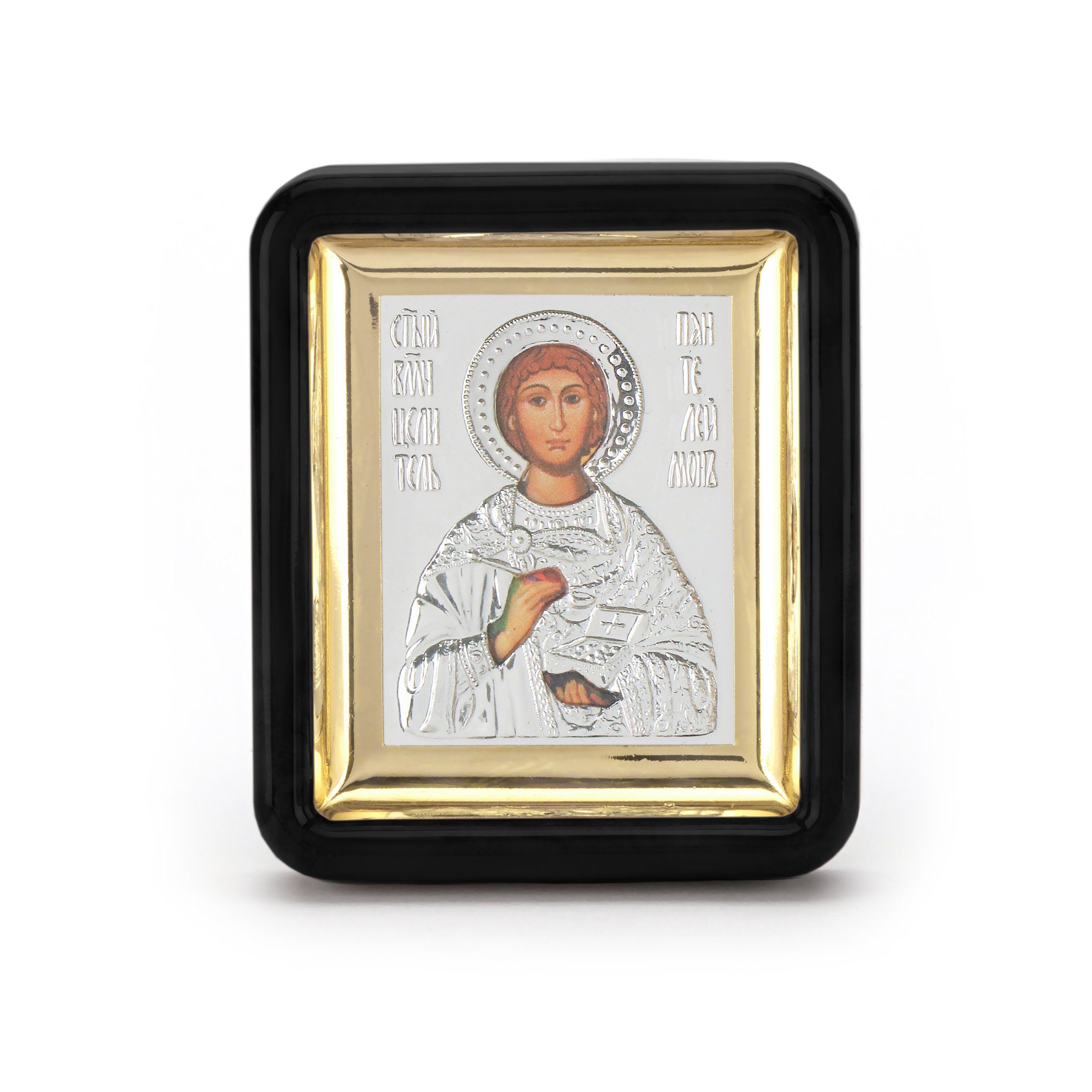 NKlaus Holzbild Heiliger Pantaleon Ikone in schwarzen Rahmen mit G