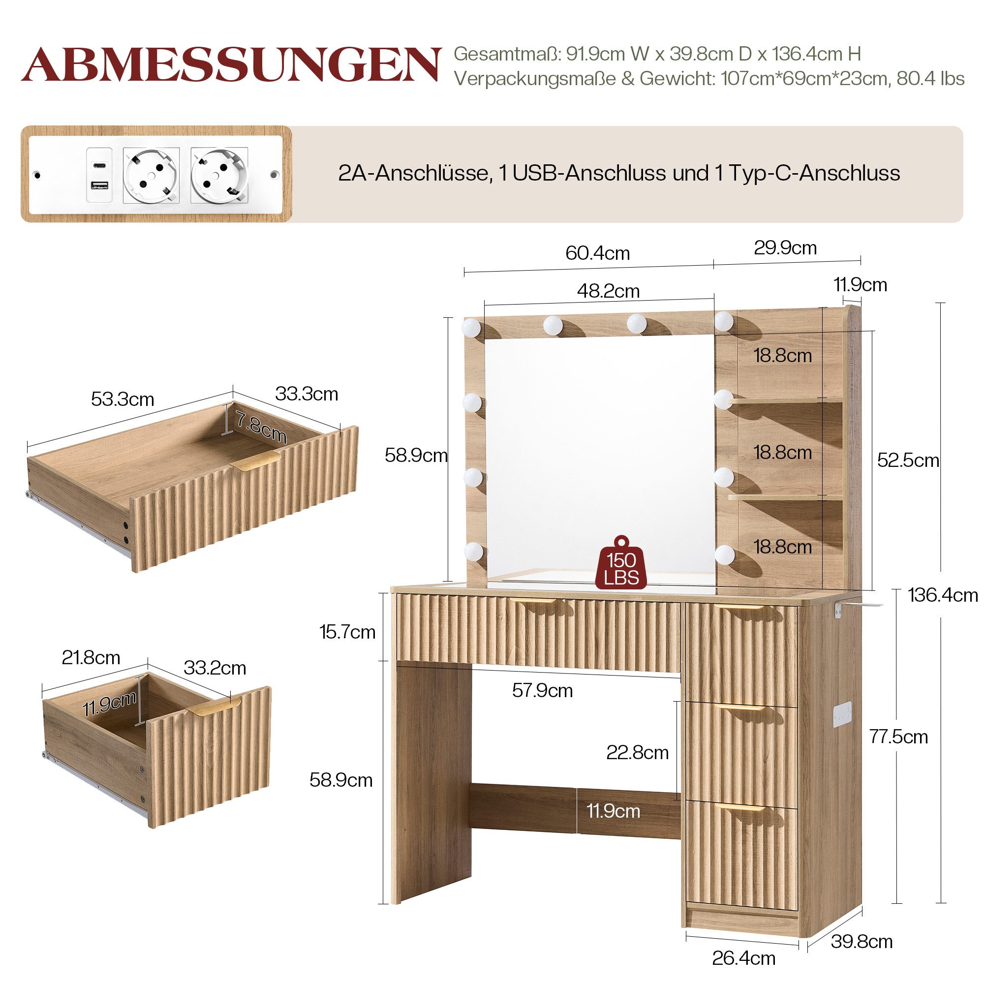 AMERLIFE Schminktisch mit LED-Beleuchtung, Glasplatte, 4 Schubladen, Holzoptik (1-St), 3 Lichtmodi, integrierte Steckdose, Föhnhalter, Rillenfront