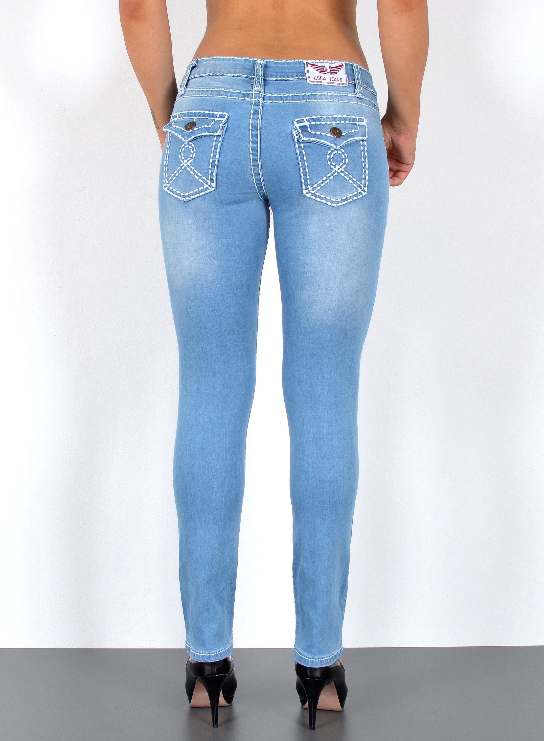ESRA Straight-Jeans Straight Jeans Damen Jeans Hose weiße Naht Kontrastnaht bis Übergröße High Waist Jeans Damen Hose Stretch mit dicker Naht bis Plus Size
