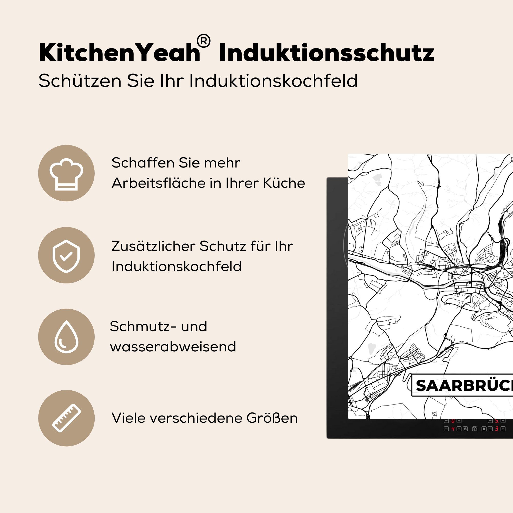 MuchoWow Herdblende-/Abdeckplatte Karte - Ceranfeldabdeckung, cm, tlg), Stadtplan, küche Vinyl, - 78x78 für - Arbeitsplatte Saarbrücken Karte (1