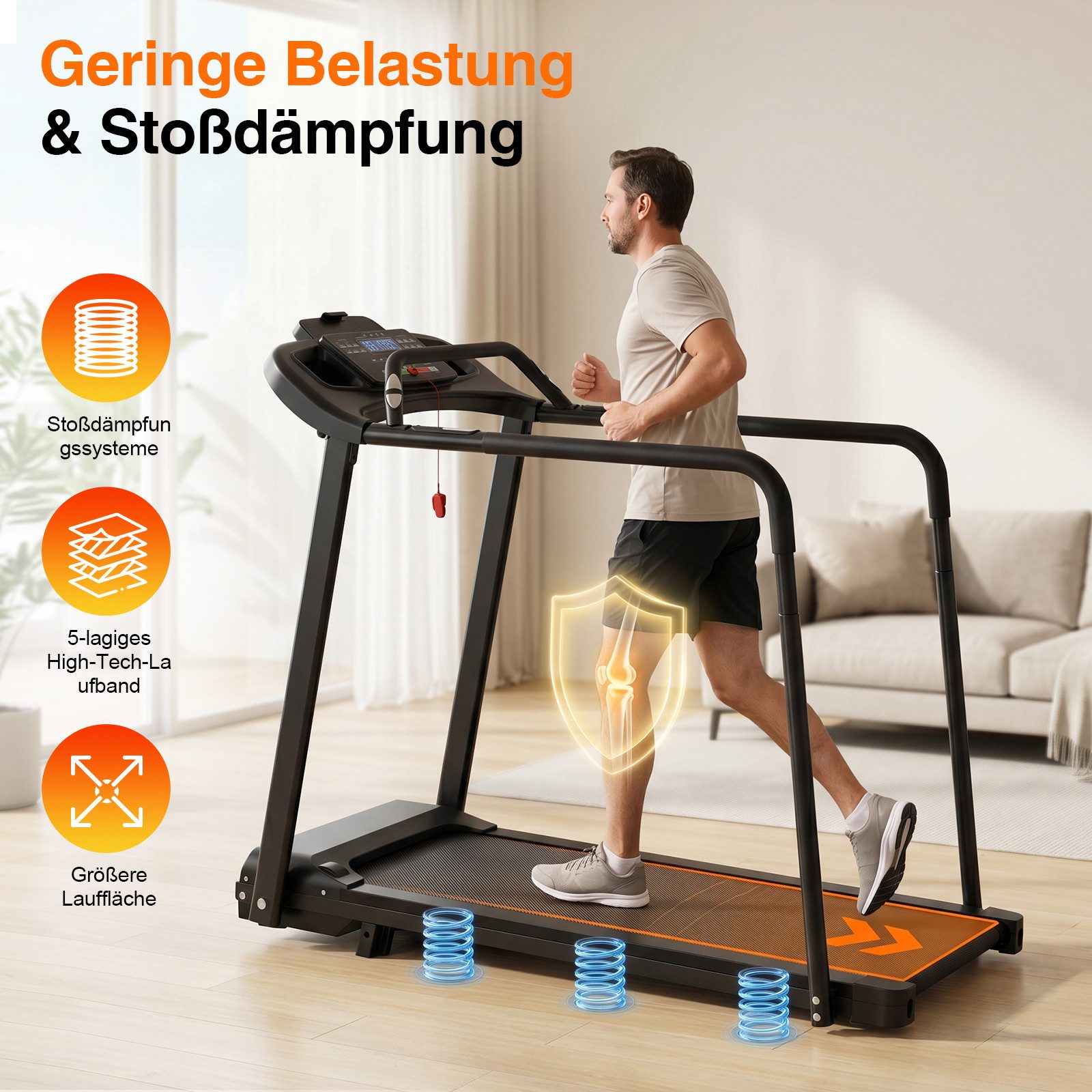 ANYSUN Laufband Laufband für Senioren,faltbares Laufband für Zuhause mit Handläufen (Großes LED-Display für ältere Menschen,Langes Geländer für das Gleichgewicht), Fitness-Trainingsgerät für ältere Menschen,Tragkraft bis 120 kg