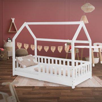ML-DESIGN Kinderbett Hausbett mit Rausfallschutz, Dach und Lattenrost Massivholz, Bett 80x160 cm Weiß aus massivem Kiefernholz für Mädchen Jungen