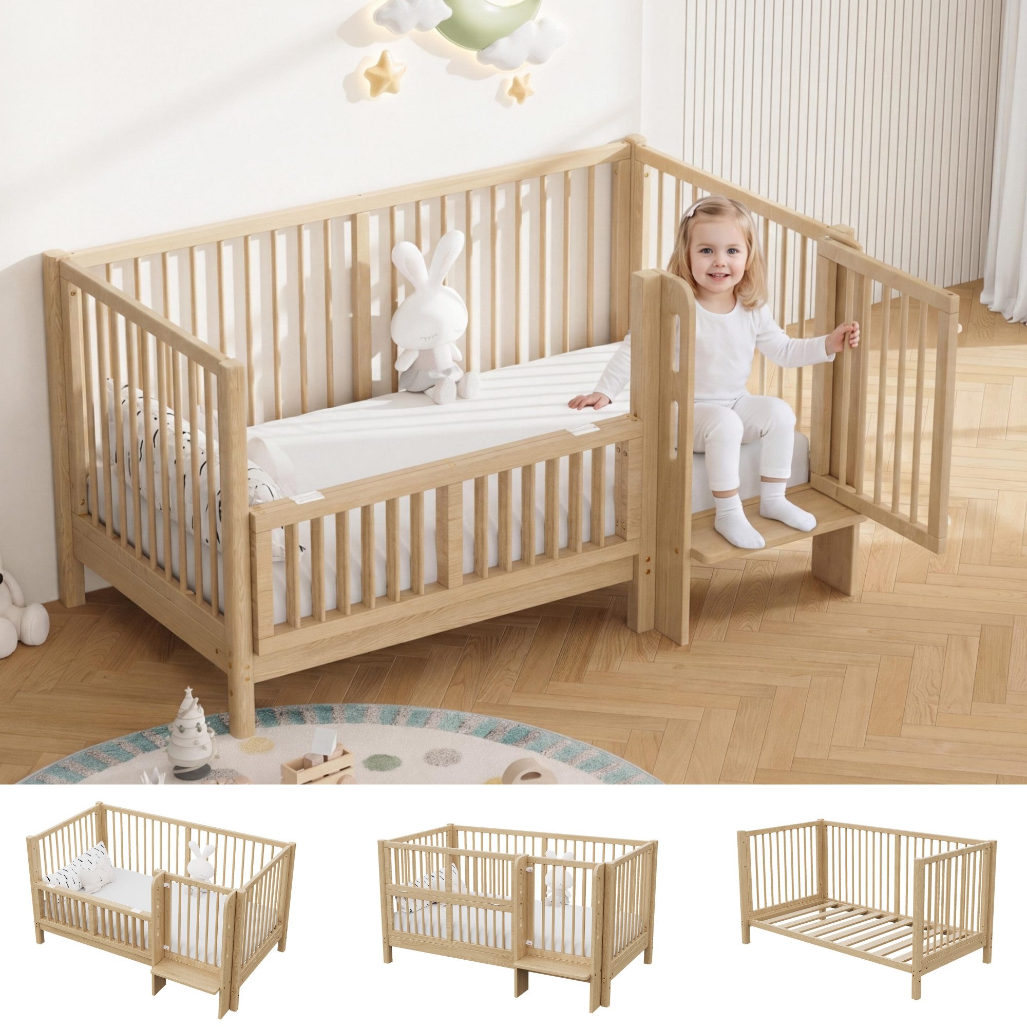 Flieks Babybett umwandelbar in Kinderbett & Anstellbett, mit zusammenklappbarem Schutzgeländer und Trittstufe, 140x70x80cm