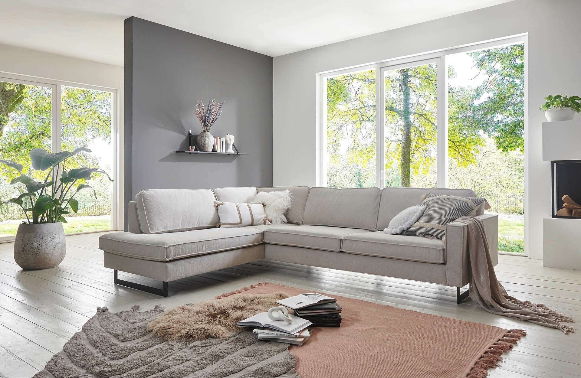 OTTO home Ecksofa Pinto, 290 cm, Cord, Chenille, Lederoptik, Ottomane links / rechts, mit Keder, schwarze Metallfüße, Wellenunterfederung