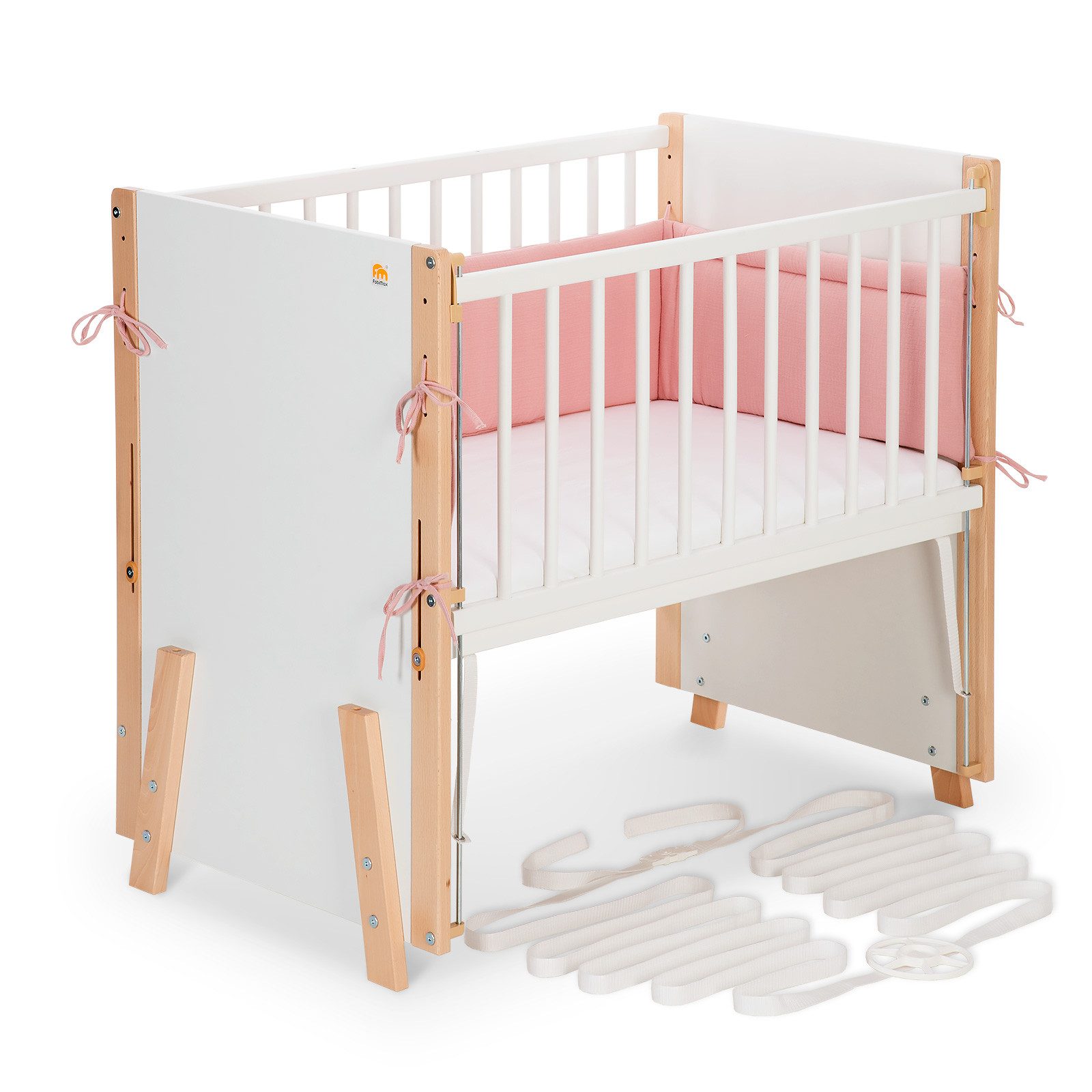 FabiMax Beistellbett Boxspring Vario Weiß / Natur, Stufenlose Höhenverstellung von 52 bis 83 cm, mit 2 in 1 Seitengitter