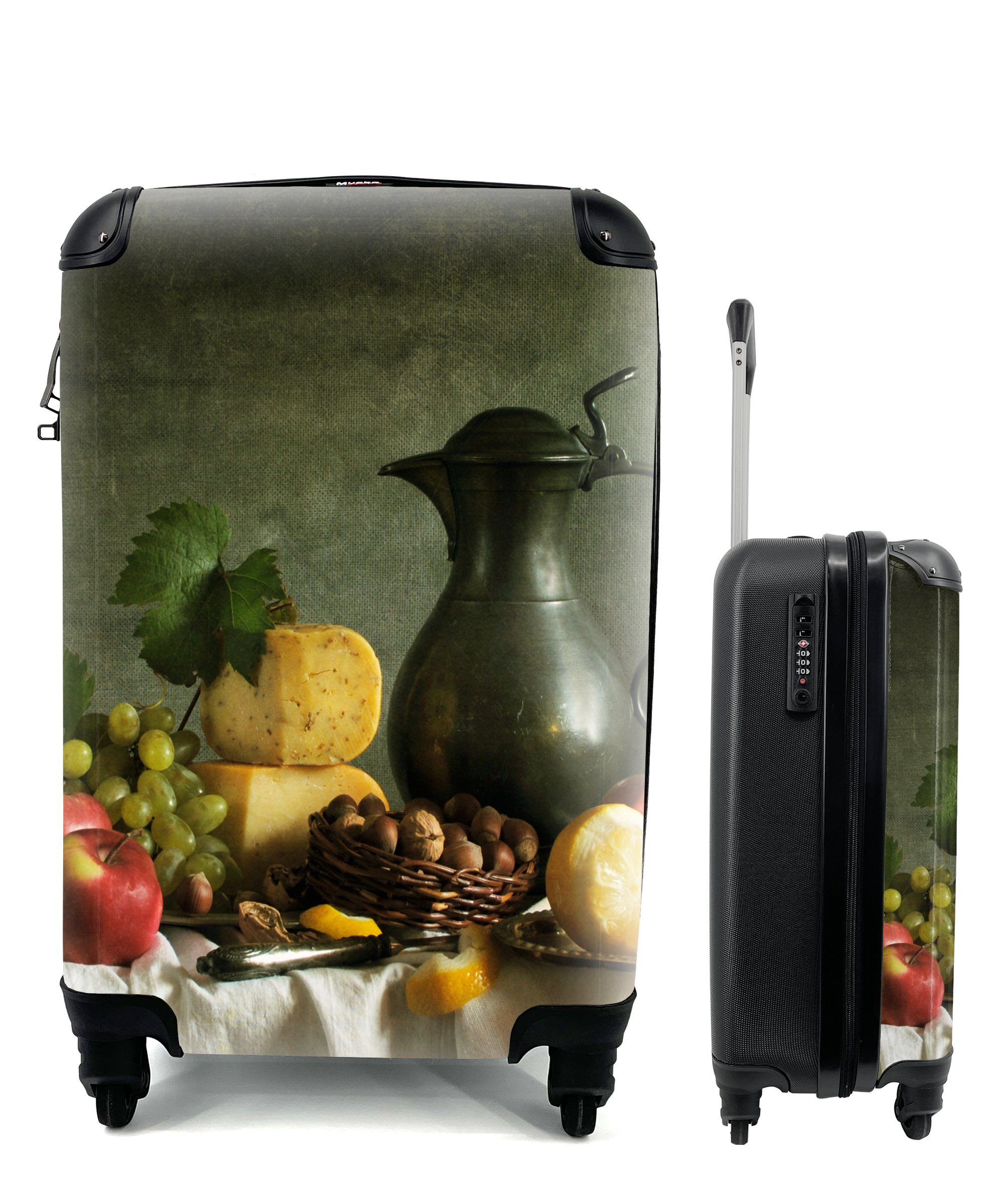 Teekanne mit - Handgepäckkoffer Handgepäck Ferien, Reisetasche für Stilleben, - 4 - Rollen, Reisekoffer Käse Obst MuchoWow rollen, Rustikal Trolley, -