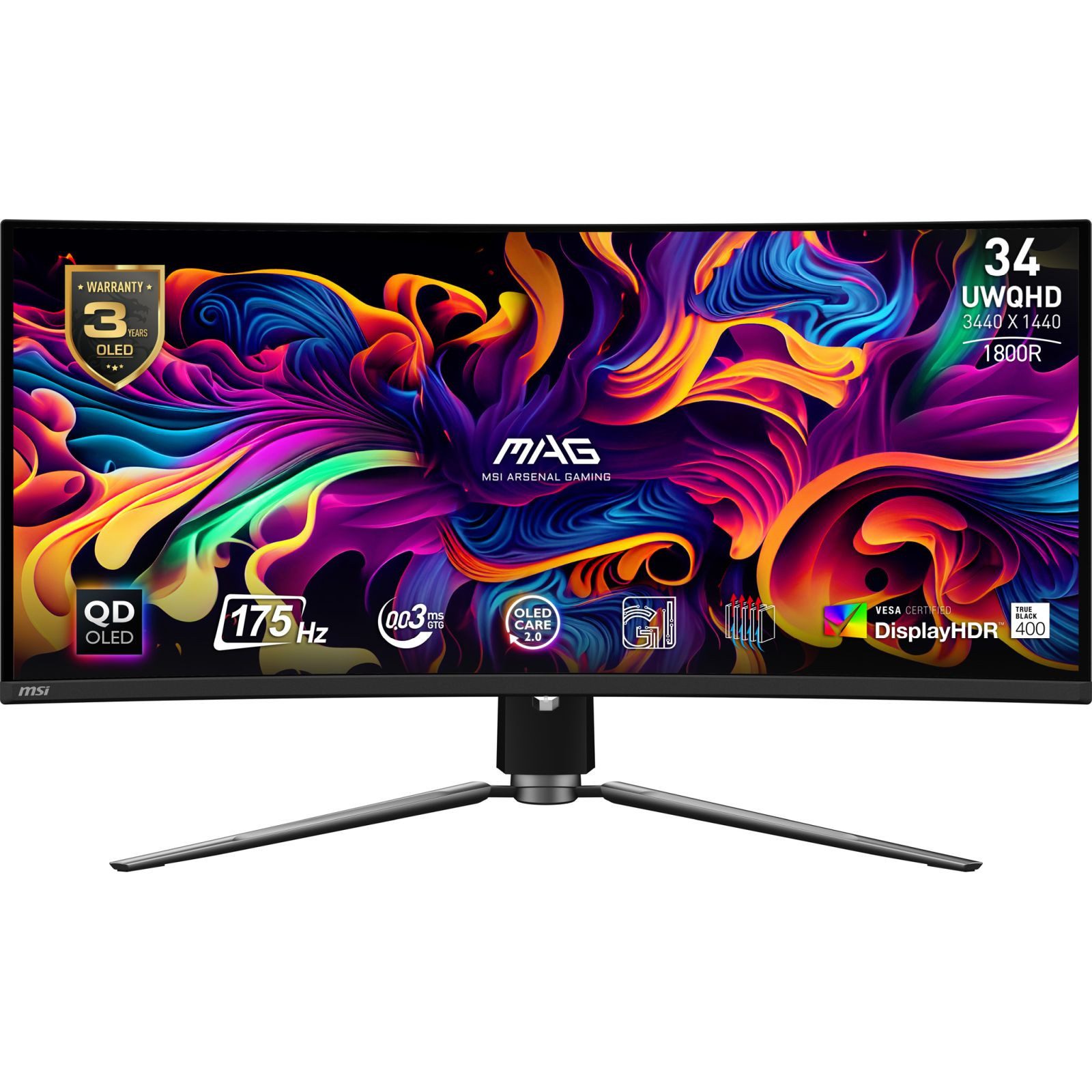 MSI MAG 341CQPDE QD-OLED TFT-Monitor (3440 x 1440 px, UltraWide Quad HD, 0,03 ms Reaktionszeit, 175 Hz, OLED, HDR, Kopfhörerbuchse, Höhenverstellbar)