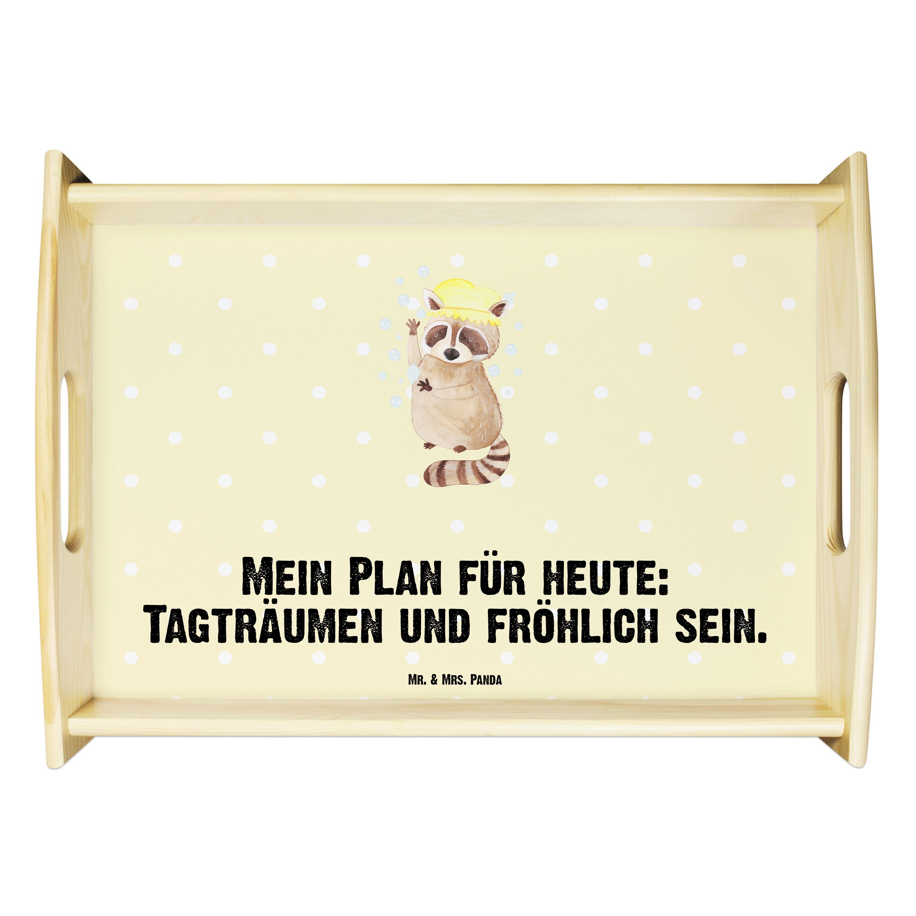 Mr. & Mrs. Panda Tablett Waschbär - Gelb Pastell - Geschenk, Dekotablett, Holztablett, lustige, Echtholz lasiert, (1-tlg)