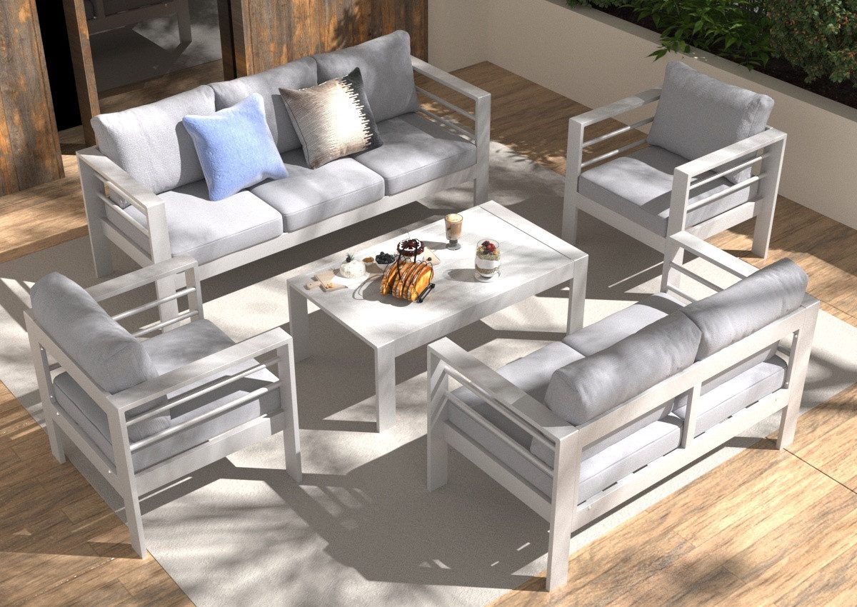 MeXo Gartenlounge-Set Gartenmöbel Set Aluminium 6-7 Personen outdoor wetterfest, (12cm Deluxe Relax-Sitzkissen, 5-tlg., Belastbarkeit pro Sitzplatz 140kg), Lounge Gartenmöbelset xxl luxus, Tischplatte aus WPC