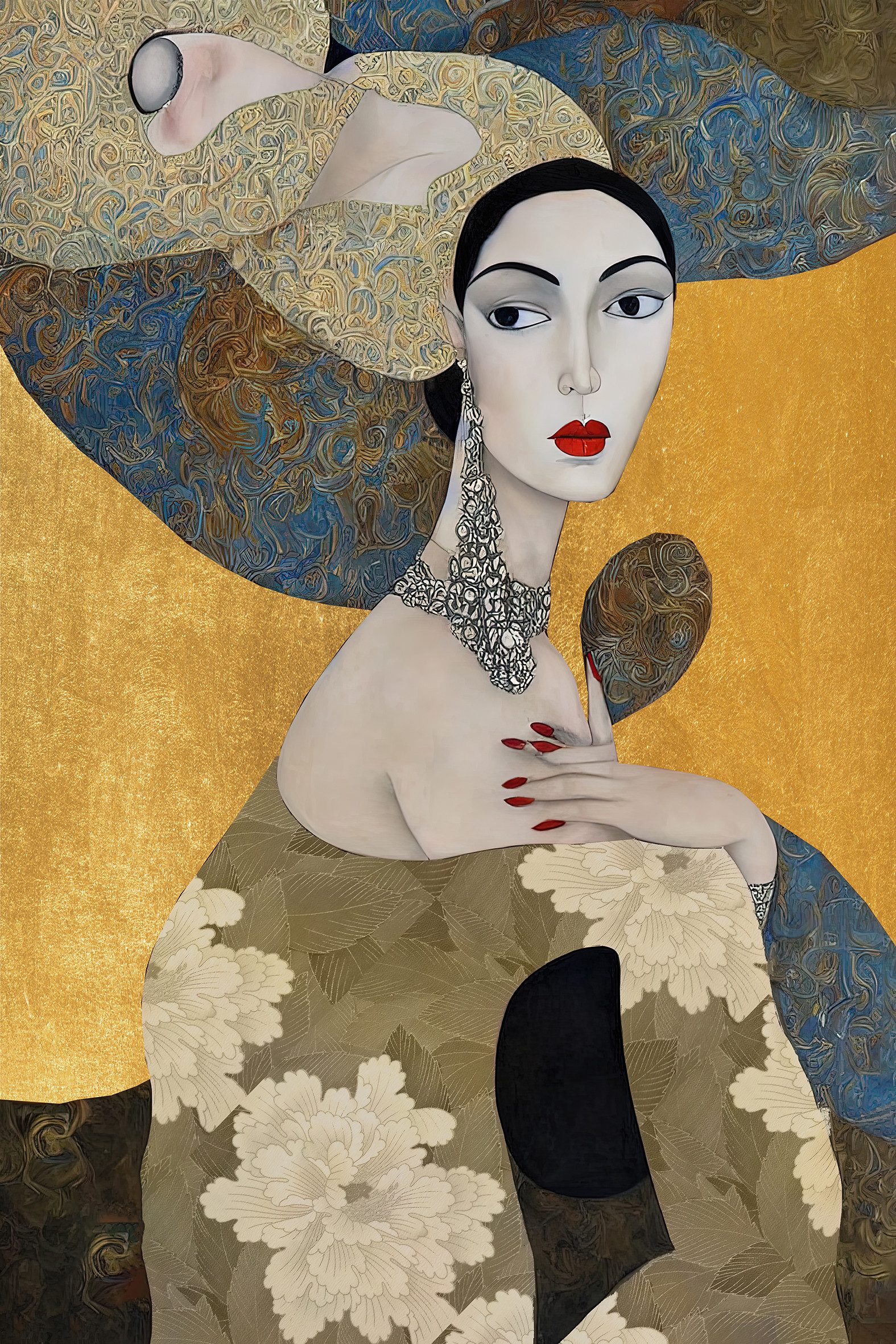 queence Acrylglasbild Wandbild, Goldbild, Bild Kunstkopie, Jugenstil, Frau mit Kette am Hals, Abstrakte, Fantasy, Kunst, Handveredelt mit Blattgold für eine edle und zeitlose Optik.