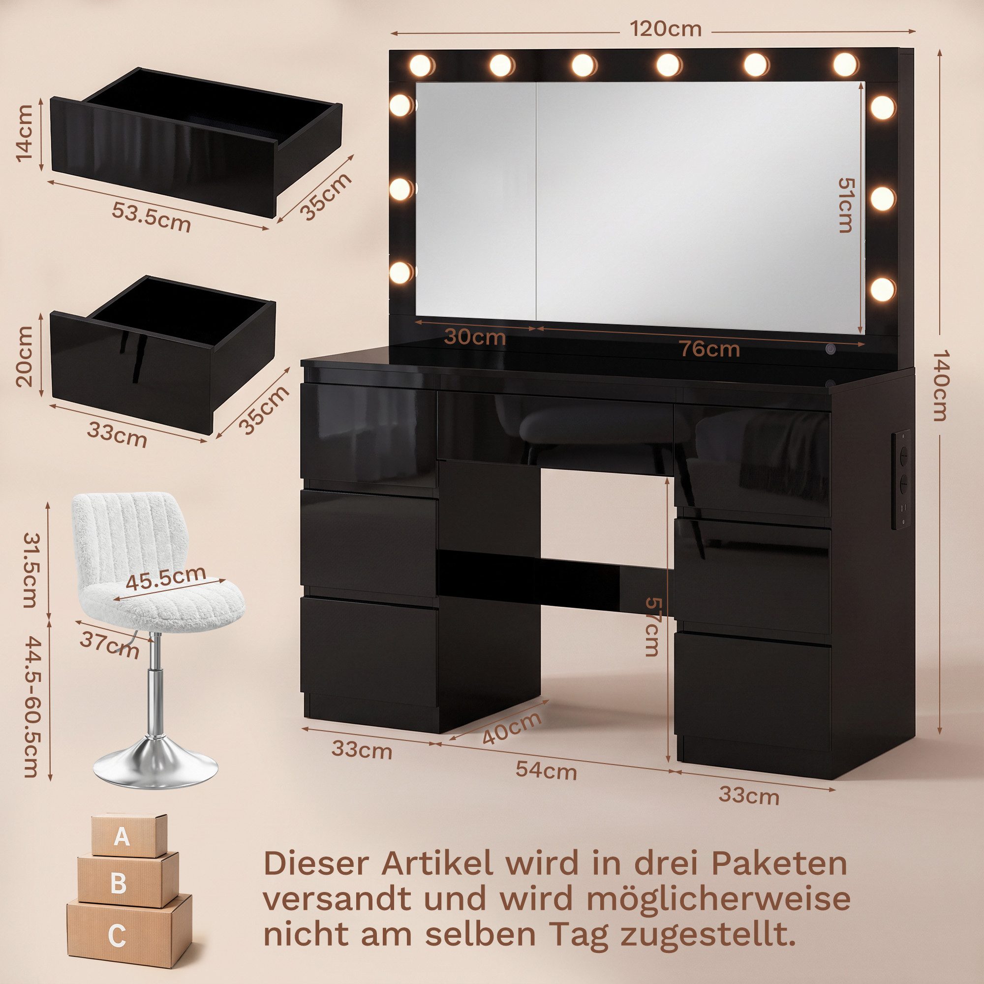 HOMALL Schminktisch Frisiertisch mit Hochglanzoberfläche, LED-Beleuchtung, mit Schmuckfach (Maße: 120 × 40 × 140 cm, mit 7 Schubladen, 2 Steckdosen, 1 USB-Ansch – Bild 2 von 5