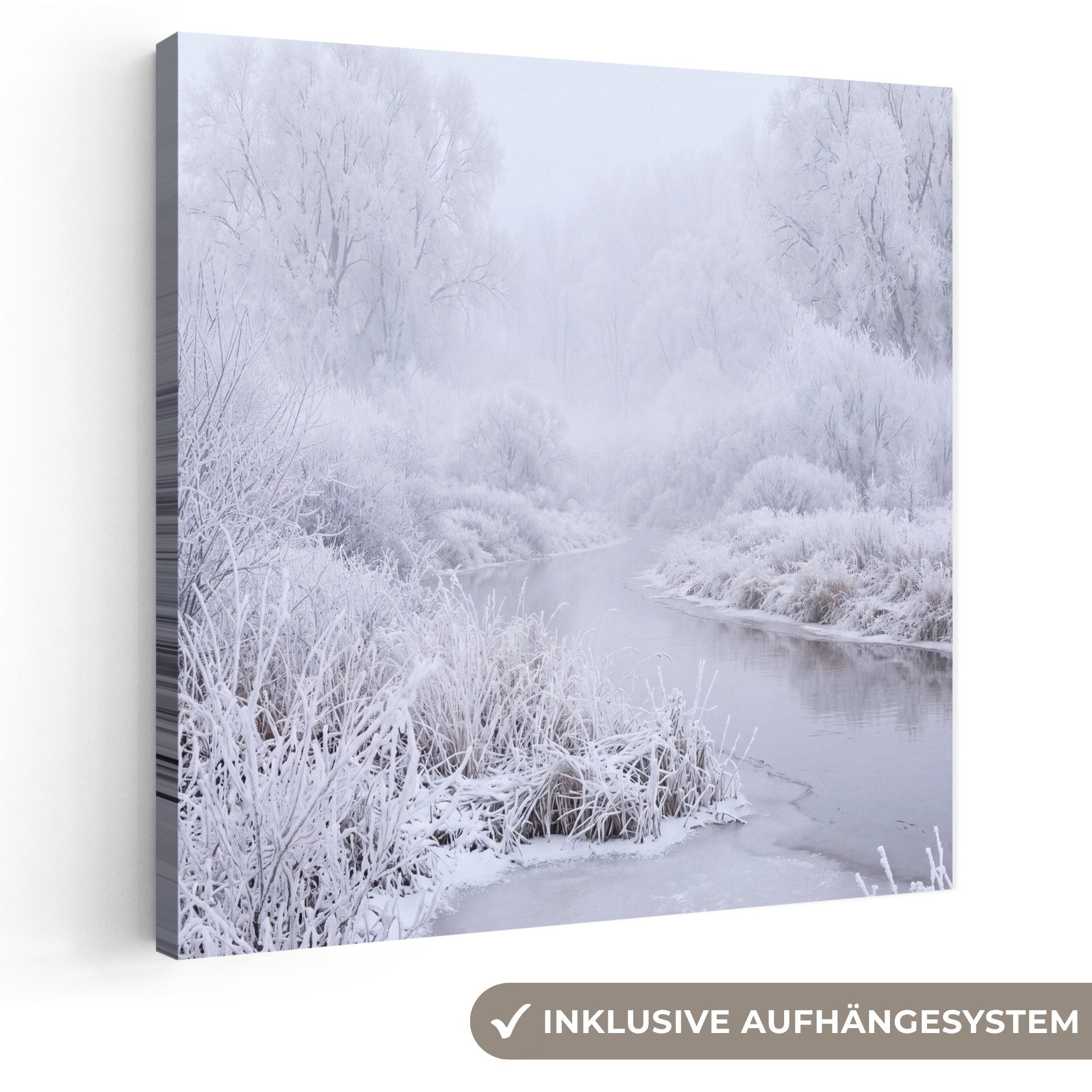 OneMillionCanvasses® Leinwandbild Fluss - Schnee - Wald - Winter - Landschaft, Fotodruck (1 St), Wandbild, Deko Schlafzimmer Wohnzimmer Flur 20x20 cm