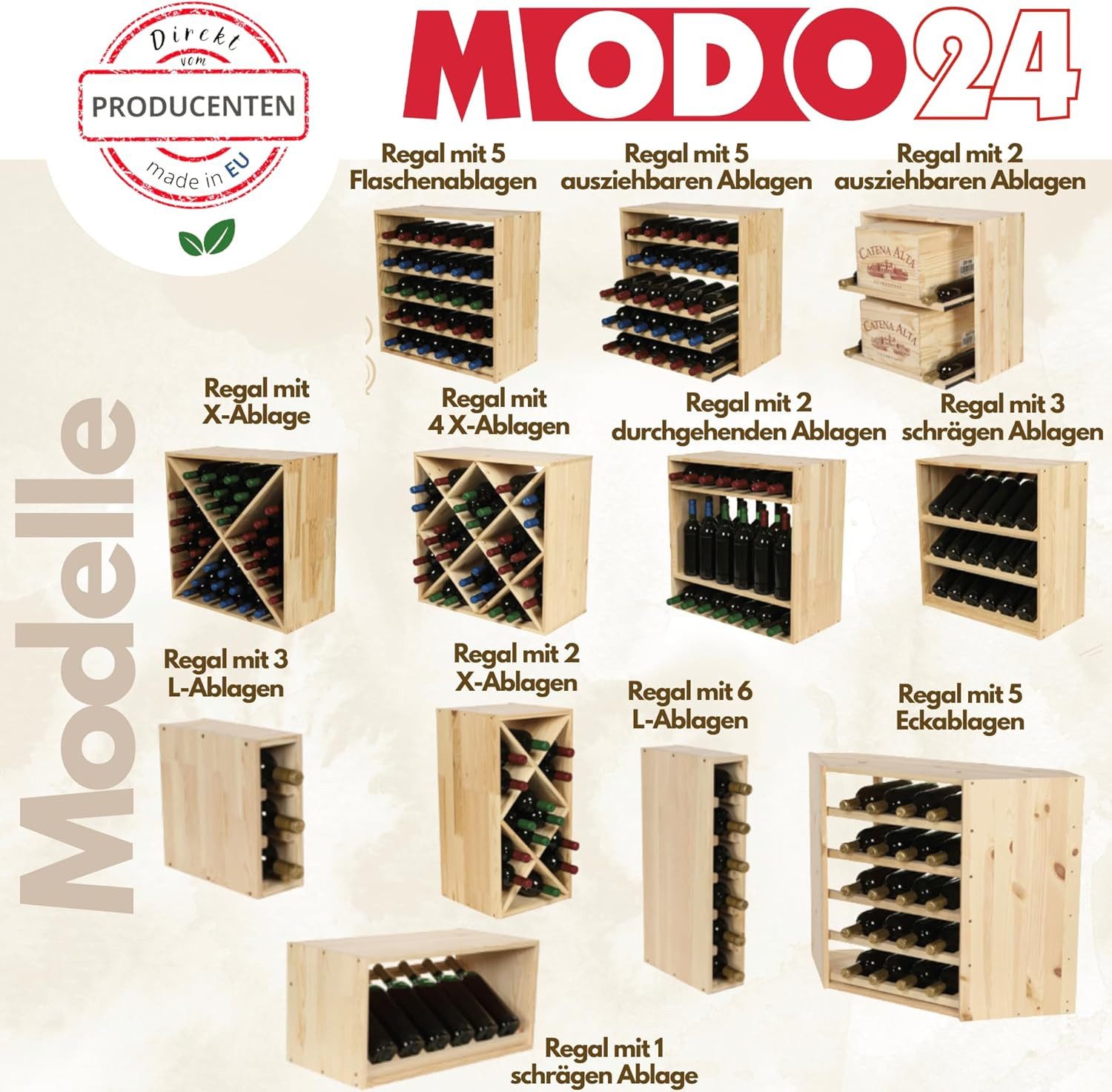 Modo24 Weinregal Modulares System RW61, Flaschenregal Massivholz, Kellerregal, Weinständer, Stapelbar, Weinschrank, für Küche & Vorratsraum, 3 Farben
