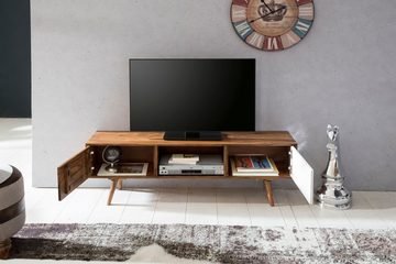 Wohnling Lowboard WL1.974 (TV-Board Sheesham Massivholz 140 cm, Regal Weiß), TV-Kommode mit 2 Türen und 1 Fach, Kabeldurchlass