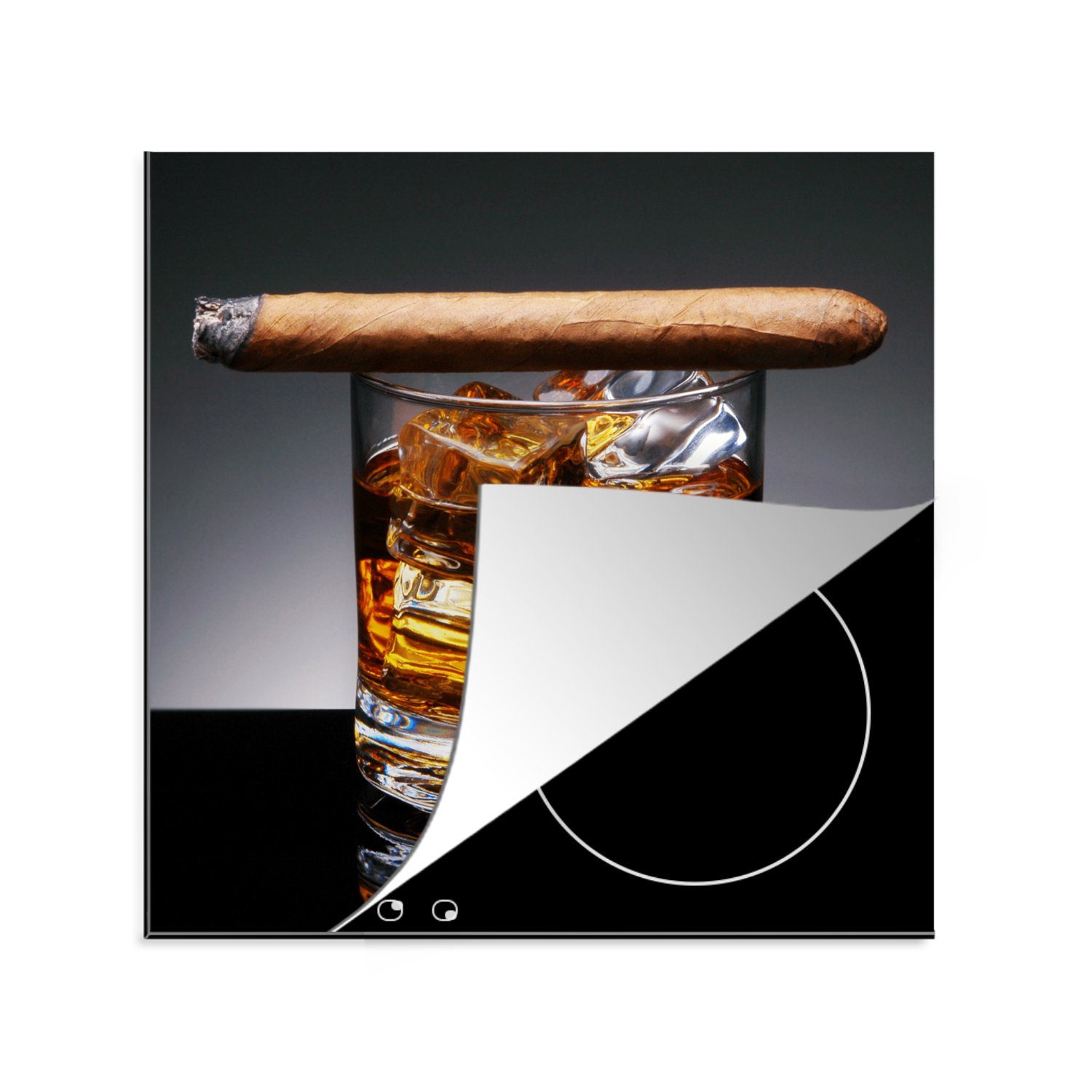 MuchoWow Herdblende-/Abdeckplatte Whiskey - Induktionsschutz - Zigarre - Glas, Vinyl, (1 tlg), 78x78 cm, Ceranfeldabdeckung, Arbeitsplatte für küche