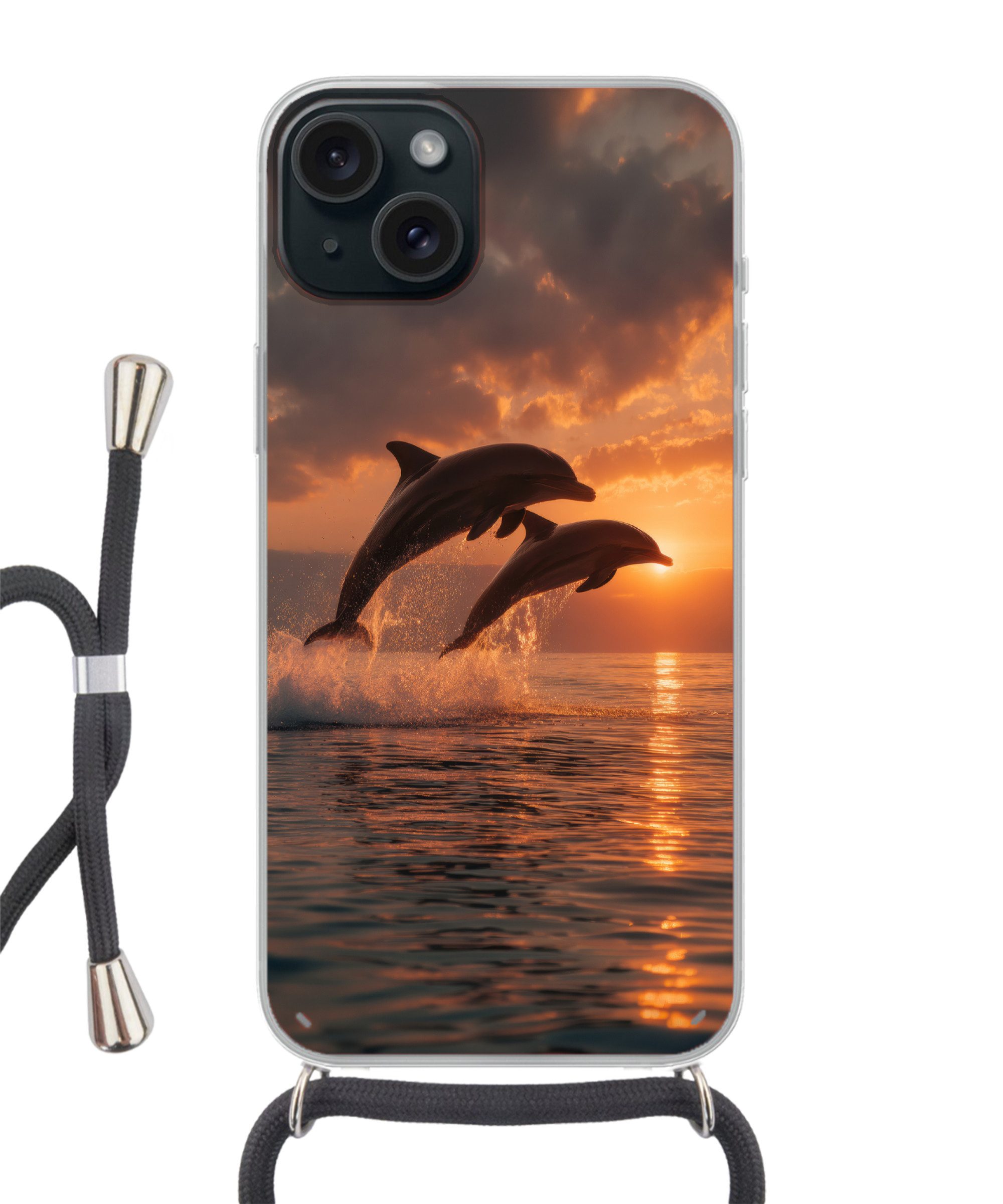 MuchoWow Handyhülle für Apple iPhone 15 Plus Delfine - Meer - Realistisch, Tragbare Handyhüllen mit Kette zum umhängen, Handykette Handyband