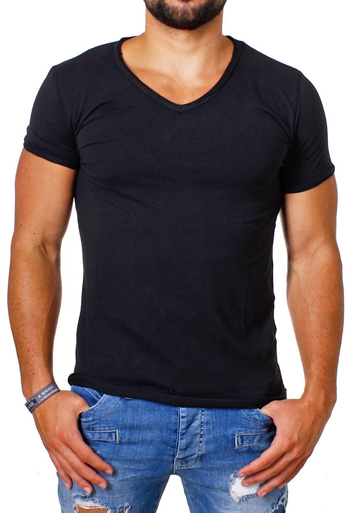 CARISMA T-Shirt Herren Uni Basic 4066 tief-breit geschnittener Ausschnitt vintage Look V-Ausschnitt unifarben kurzarm slim fit