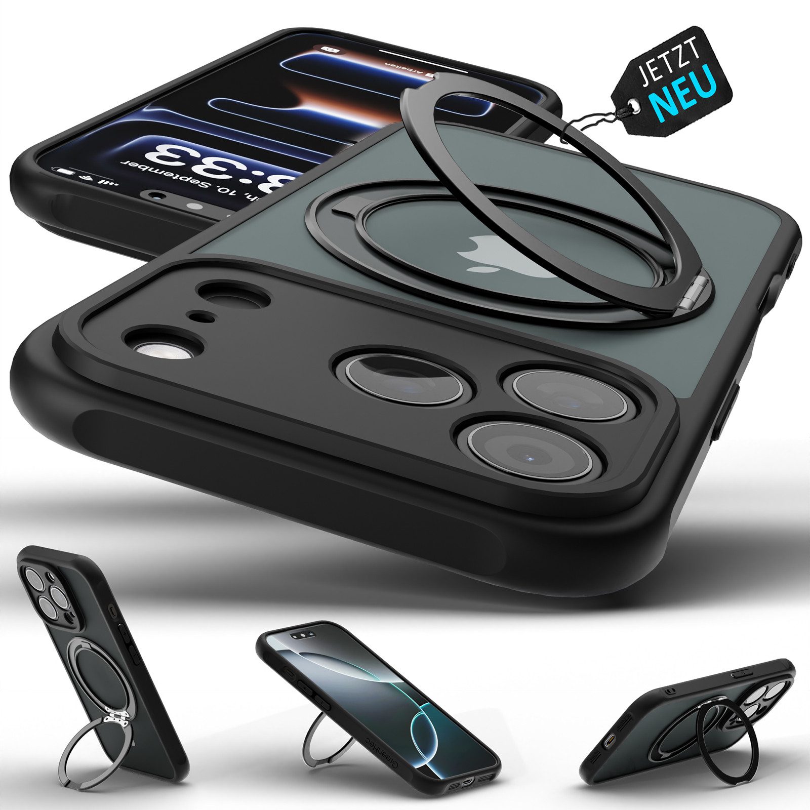 GreenHec Handyhülle Hülle iPhone 17 16 15 14 13 12 Pro Max Air 16e 17e MagSafe Magnet Case 7 Zoll, Ständer Magnetring Schwarzes Cover Schutzhülle Kameraschutz Handyhülle