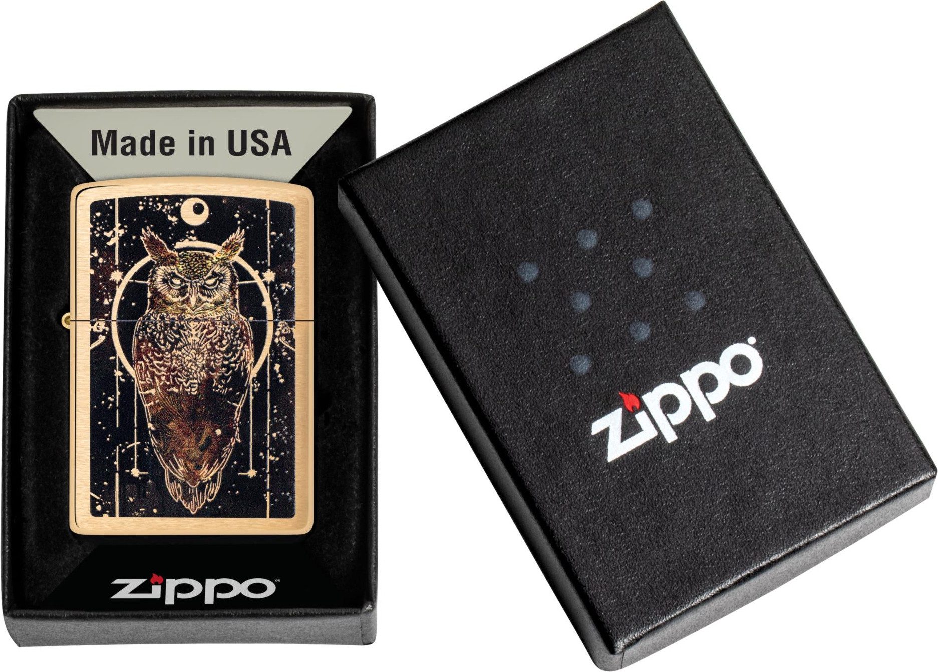Zippo Feuerzeug messing gebürstet mystical Eule Owl schwarz Neuheit Herbst 2025, das Original mit dem " Klick " - made in USA