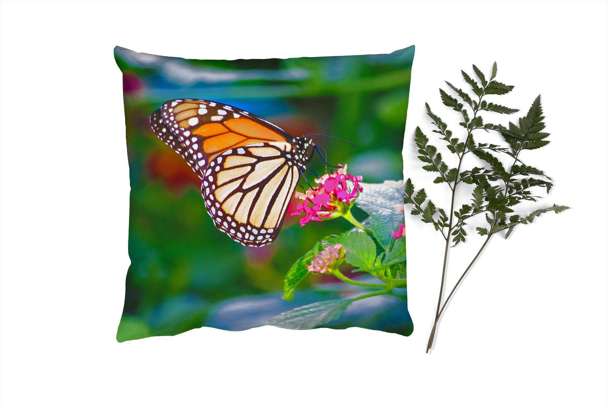 MuchoWow Dekokissen Schmetterlinge - Blume - Natur, Zierkissen mit Füllung für Wohzimmer, Schlafzimmer, Deko, Sofakissen