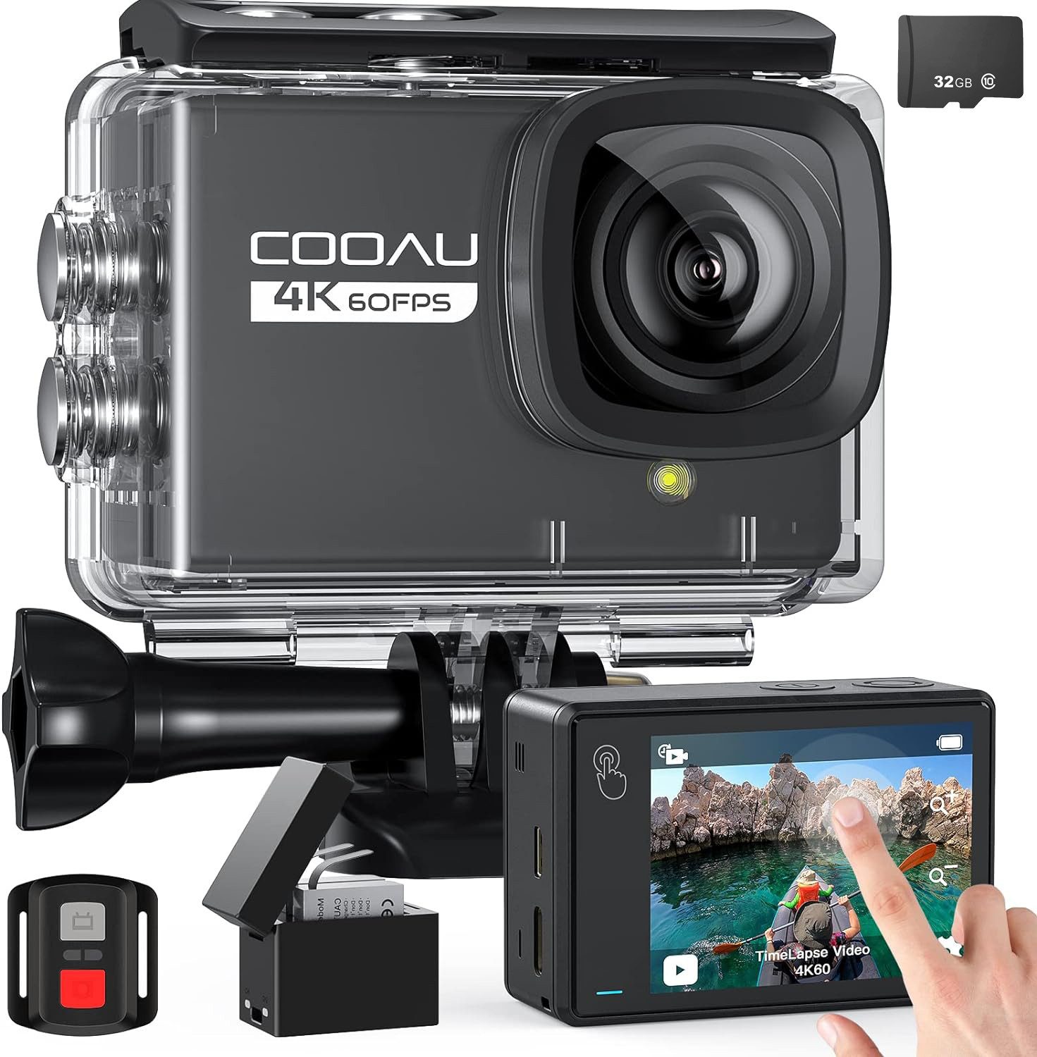 COOAU Action Cam 4K 24MP 40M Wasserdicht Unterwasserkamera Action Cam (4K Ultra HD, WLAN (Wi-Fi), mit 32G SD Karte, Touchscreen Videokamera, 170°Weitwinkel, 2X1350 mAh Akkus, WiFi, 2.4G Fernsteuerung, externem Mikrofon)