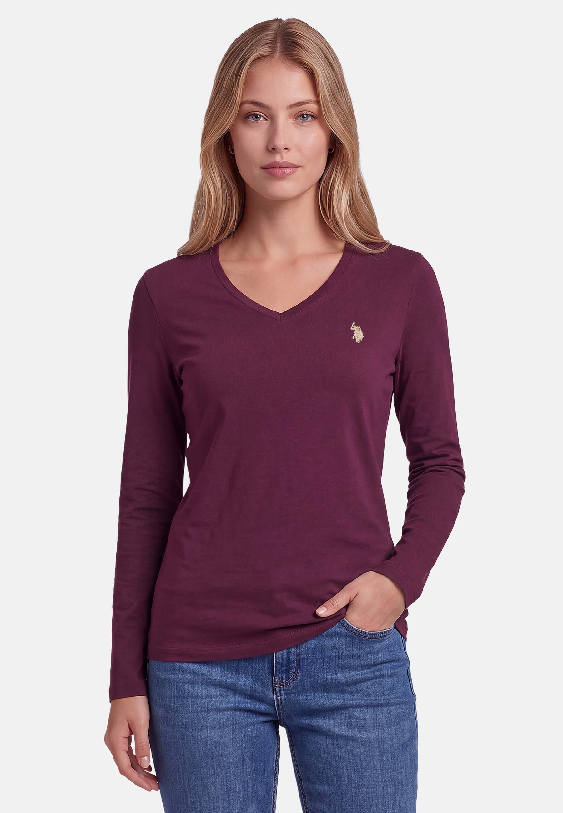 U.S. Polo Assn. Langarmshirt mit V-Ausschnitt und Stickereidetails Elastisches Longsleeve mit normaler Passform