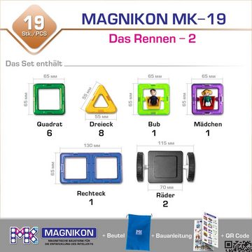 MAGNIKON Magnetspielbausteine MK-19 “Das Rennen-2” mit Rädern, 19 Teile, (Magnetische Bausteine, 19 St., verstärkte Magnete), robuster Kunststof