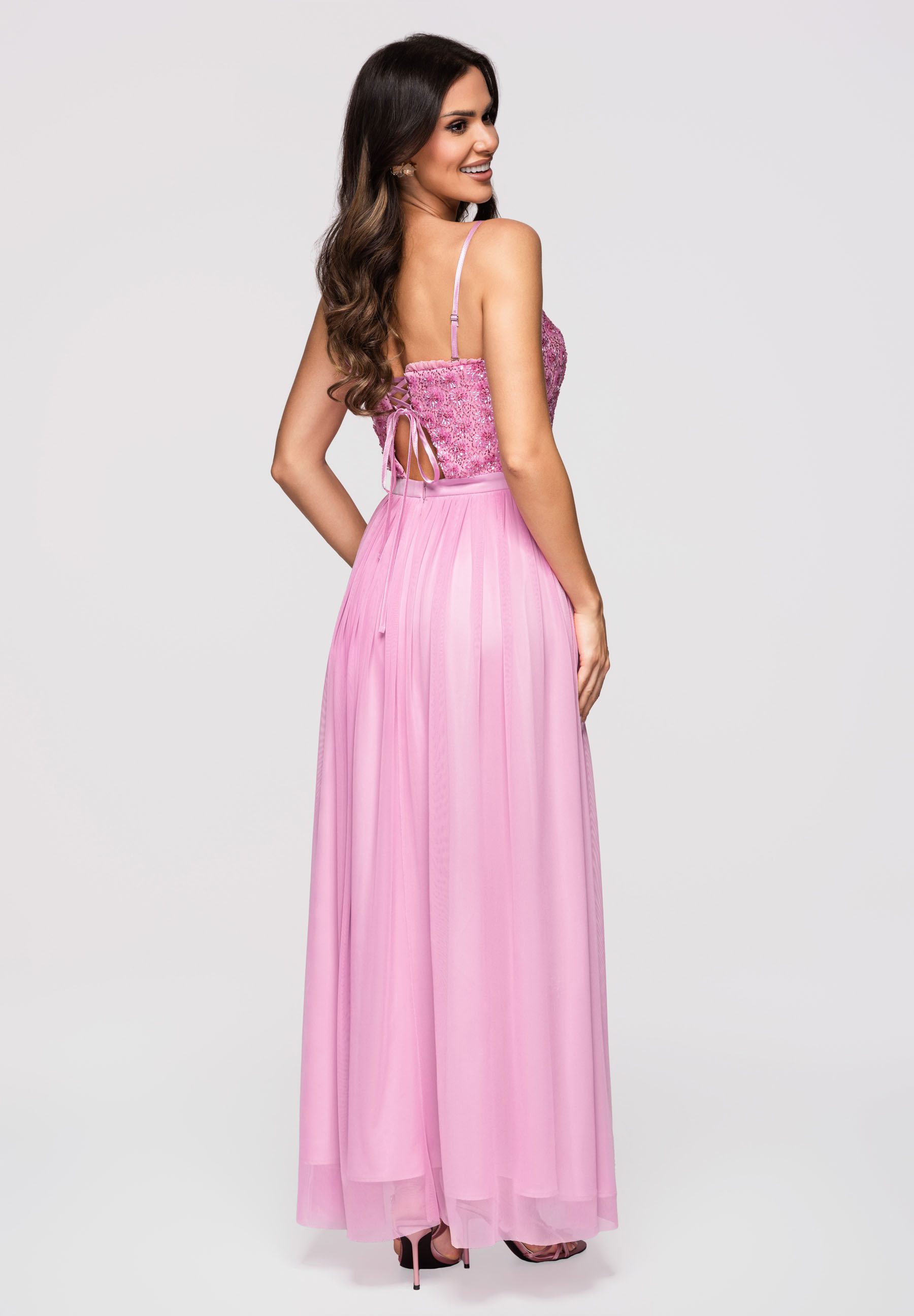 OMBRE Maxikleid Damen Maxikleid mit herzförmigem Ausschnitt Pink M (kein Set, 1-tlg)